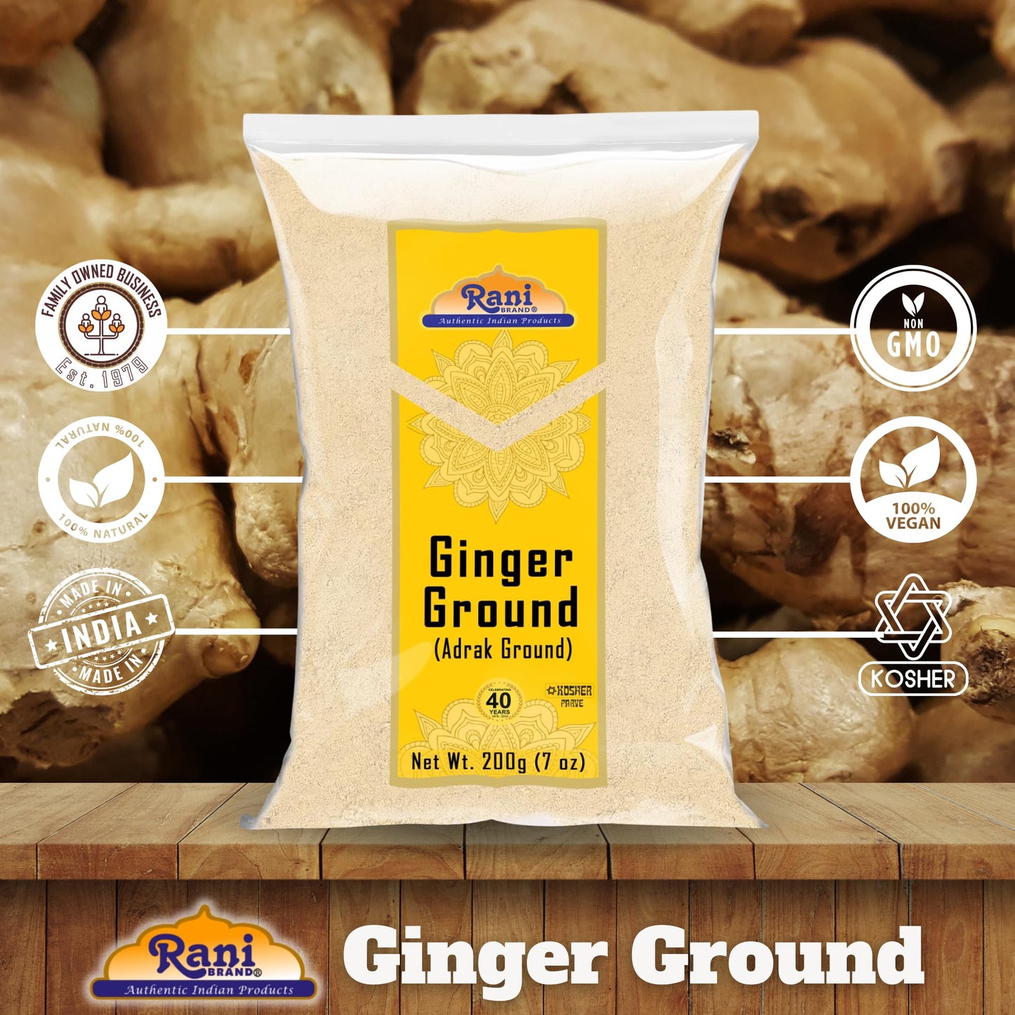Rani Ginger (Adarak) Powder Ground, Spice 7Oz (200G) ~ All Natural | Vegan | Gluten Friendly | Non-Gmo | Kosher | Indian Origin