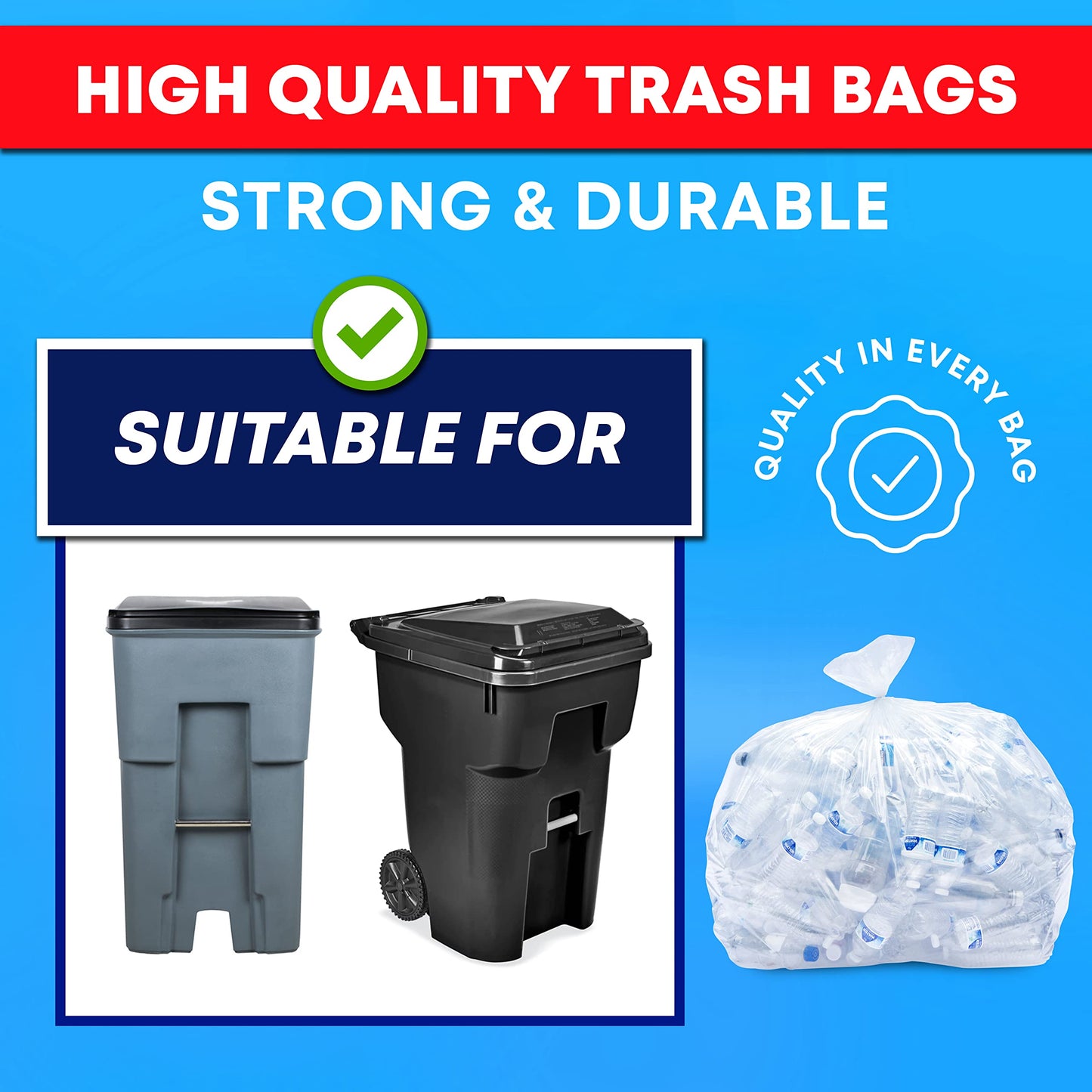 Veska 95 Gallon Clear Trash Bags - Extra Large Garbage Bags with Ties, 25 Count, Ideal for Recycling and Heavy-Duty Use