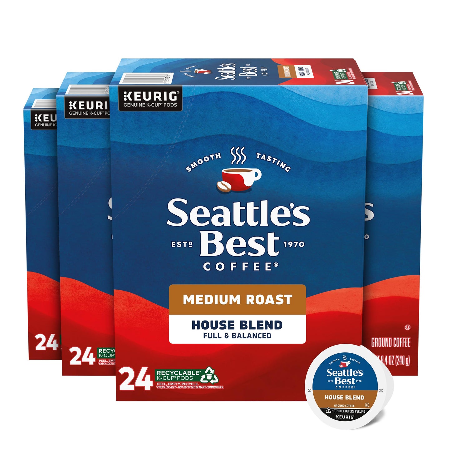 Seattles Best Coffee, Medium Roast K-Cup Coffee Pods, House Blend, 100% Arabica, 4 Boxes (96 Pods Total)
