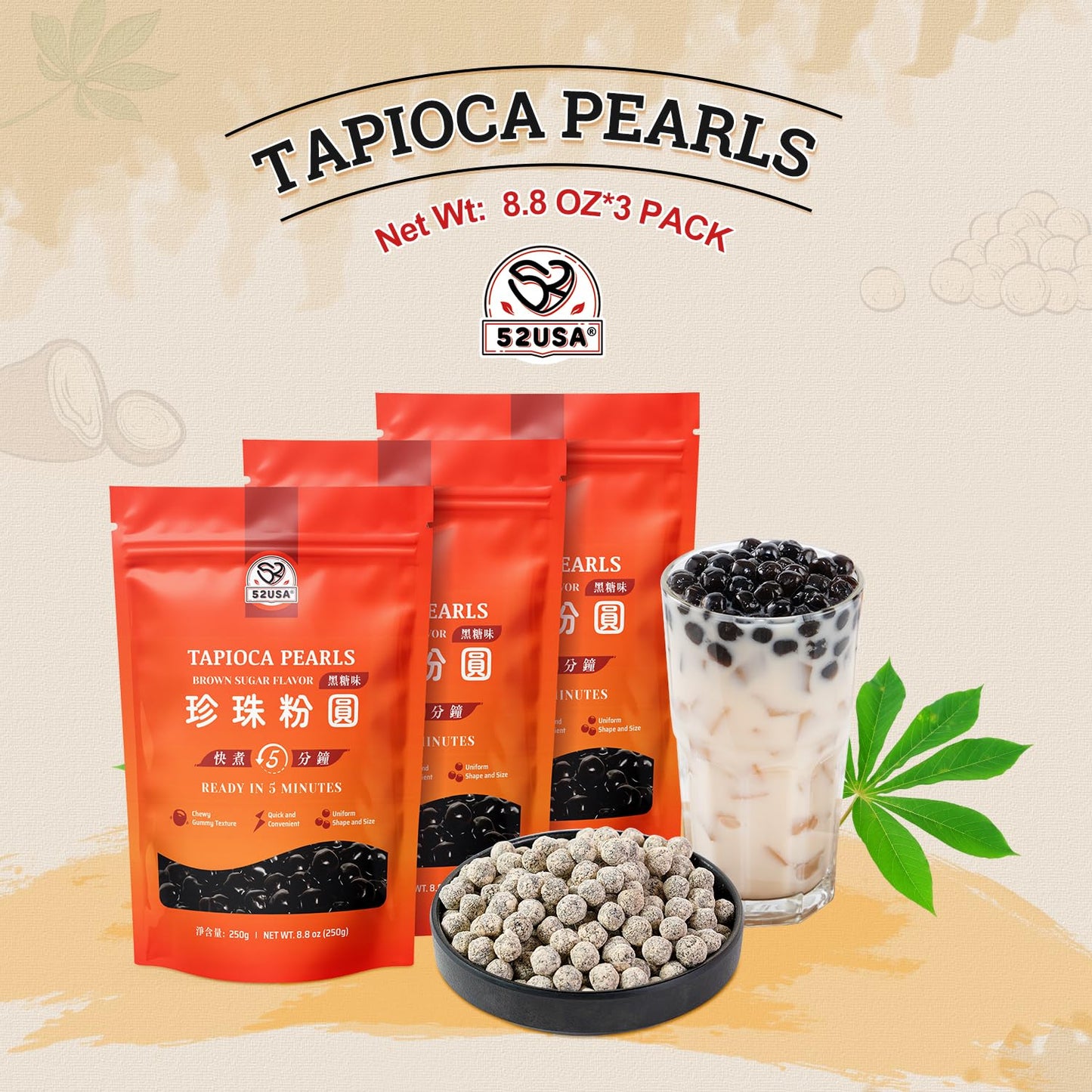 52Usa Boba Tapioca Pearl, Black Sugar Flavor, Fresh Bubble Tea Pearl, 8.8 Oz (Pack Of 3), Black Tapioca Pearl For Bubble Tea, Re