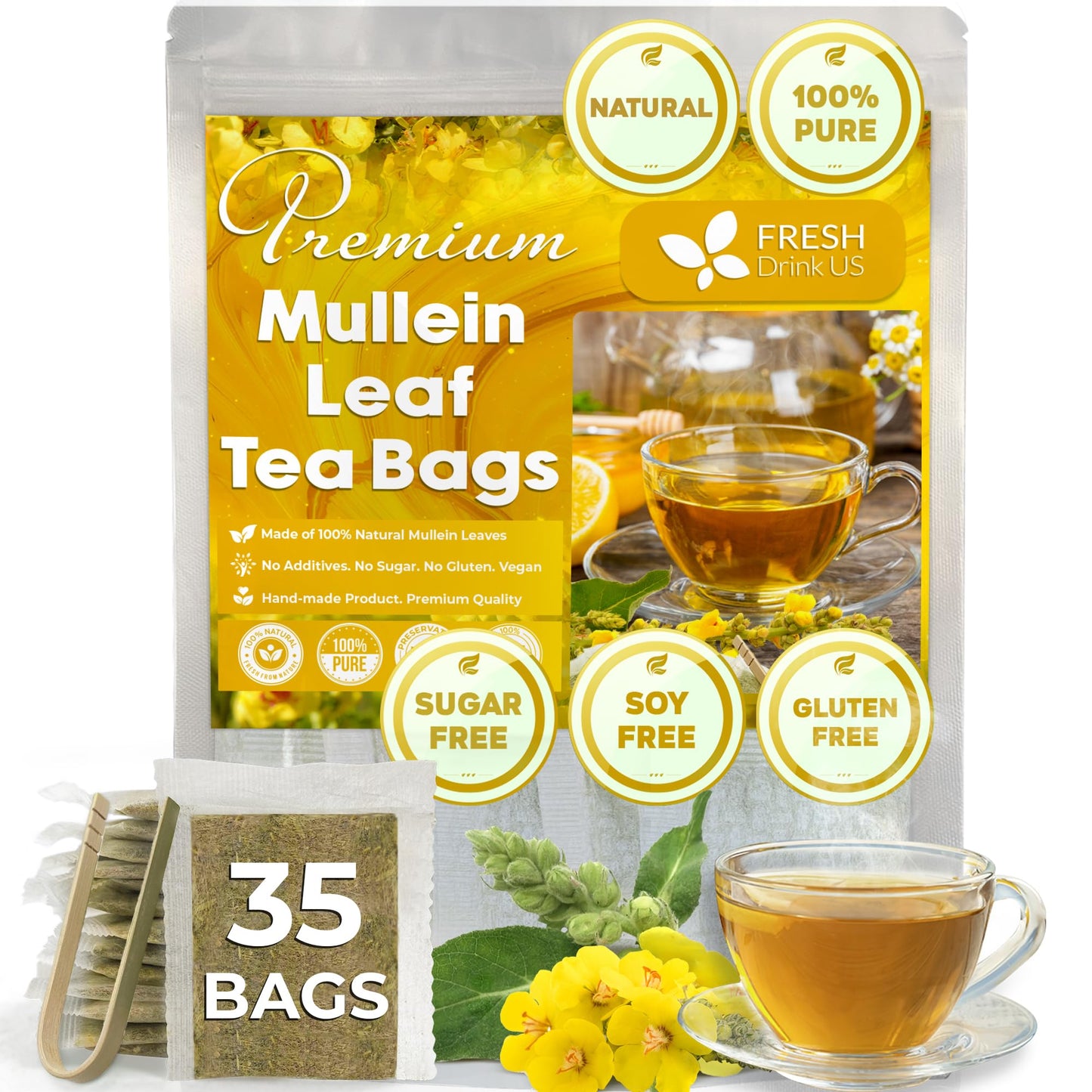 FRESHDRINKUS Premium Mullein Leaf Tea Bags, 100% Natural, 35 Count, Caffeine-Free, Vegan