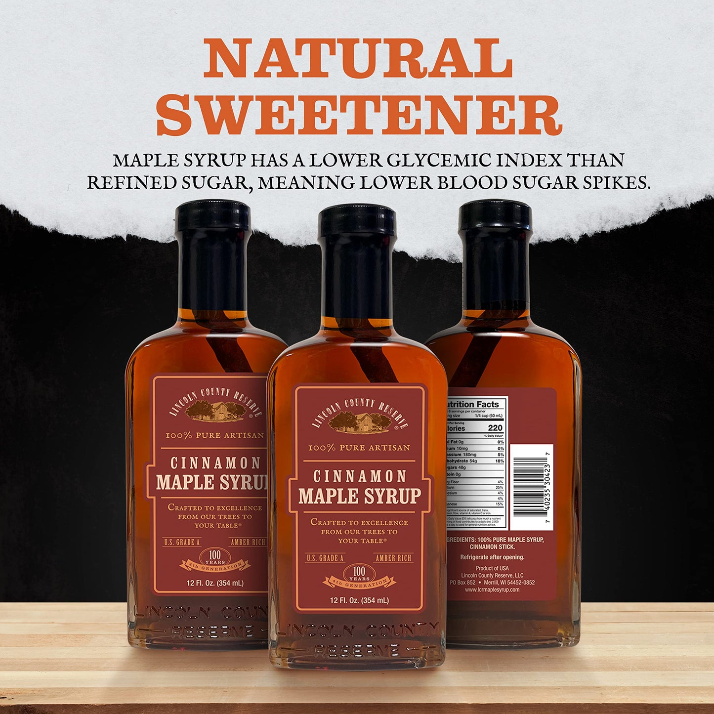 Lincoln County Reserve Cinnamon Maple Syrup, 12 Fl Oz, Amber Rich Grade A, Made in USA, Brown
