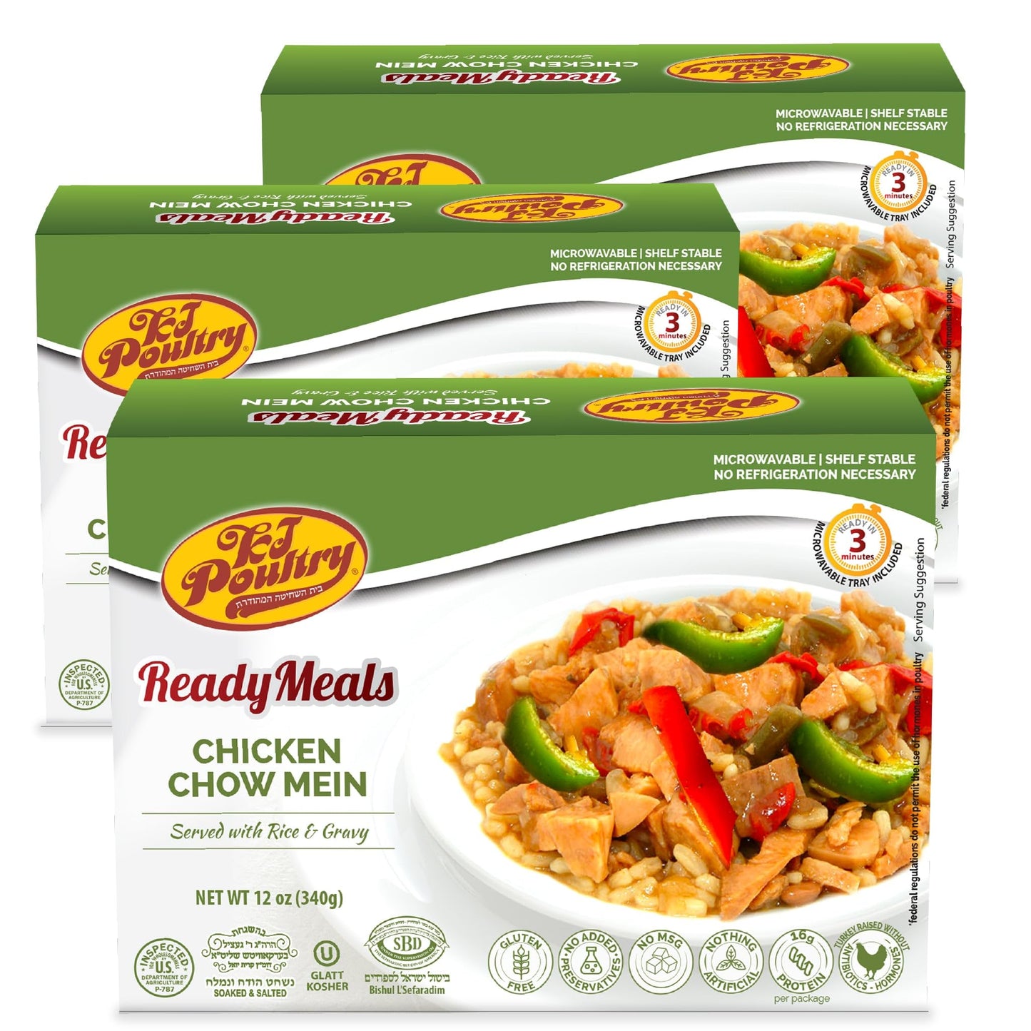 KJ Poultry Kosher Ready Meals - Chicken Chow Mein, MRE Meat Meals Ready to Eat, Gluten Free, Halal, (3 Pack) Prepared Entree Ful