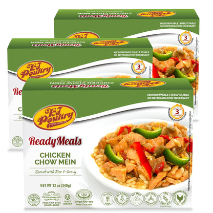 KJ Poultry Kosher Ready Meals - Chicken Chow Mein, MRE Meat Meals Ready to Eat, Gluten Free, Halal, (3 Pack) Prepared Entree Ful