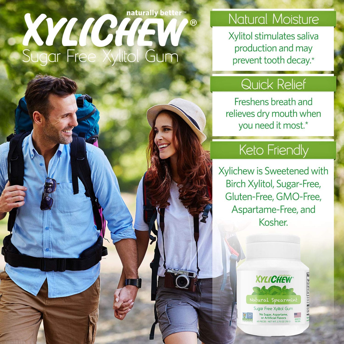 Xylichew 100% Xylitol Chewing Gum - Sugar Free, Non-GMO, Spearmint, 60 Count (Pack of 4)