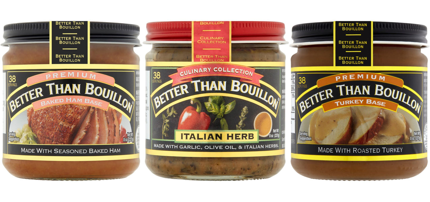 Better Than Bouillon Base Variety Pack, 1 Premium Baked Ham Base, 1 Culinary Collection Italian Herb Base, 1 Premium Turkey Base