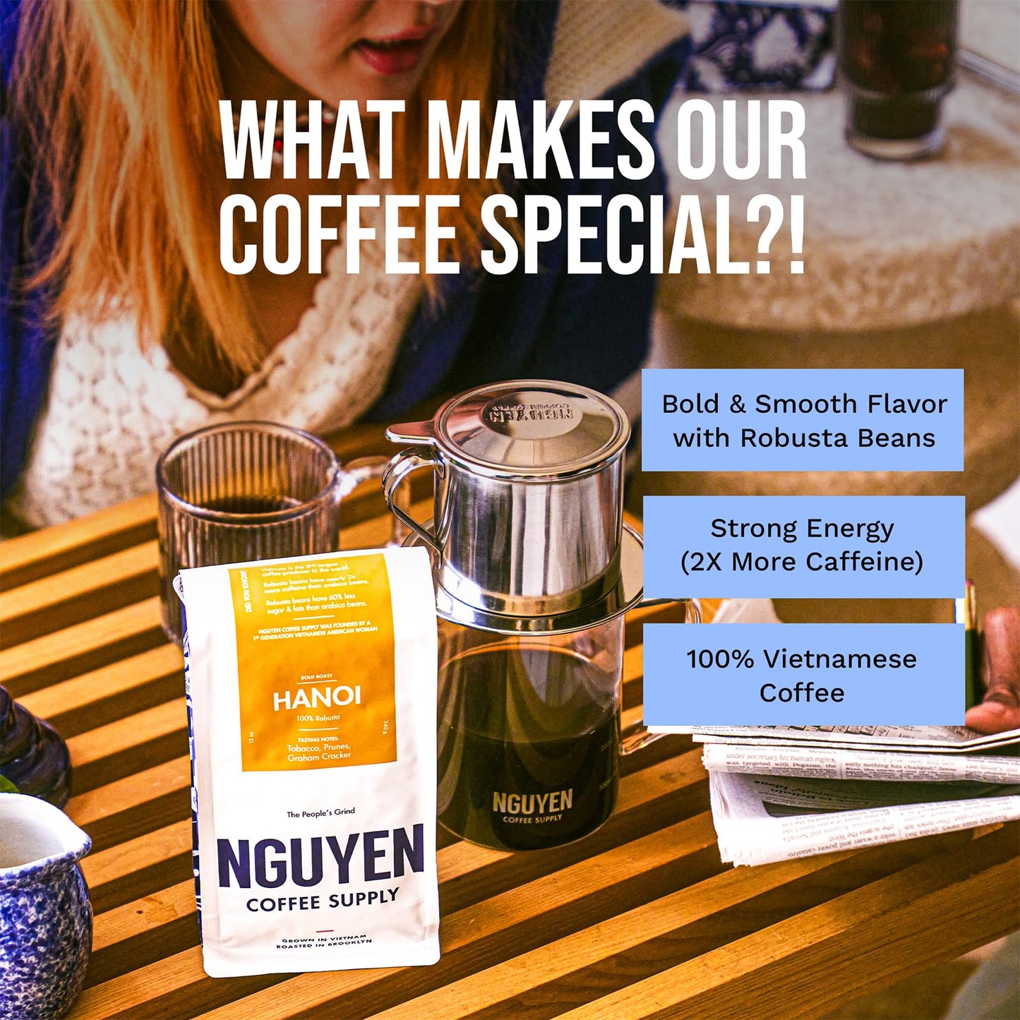 Nguyen Coffee Supply Hanoi Robusta Dark Roast Ground Coffee, Low Acid, High Caffeine, 12 oz Bag
