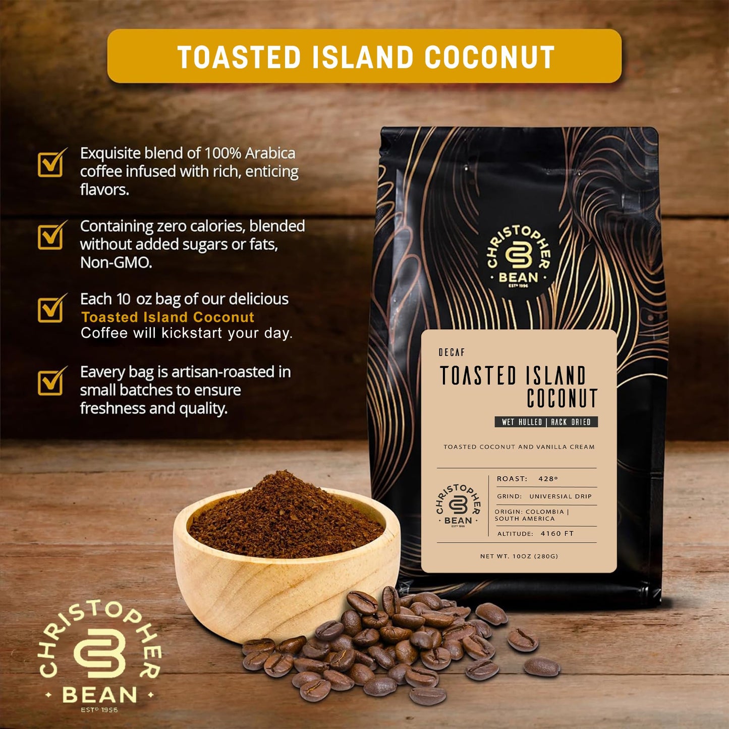 Christopher Bean Coffee Decaf Toasted Island Coconut Flavored Coffee, 10-Ounce, Certified Kosher, Medium Roast, 100% Arabica
