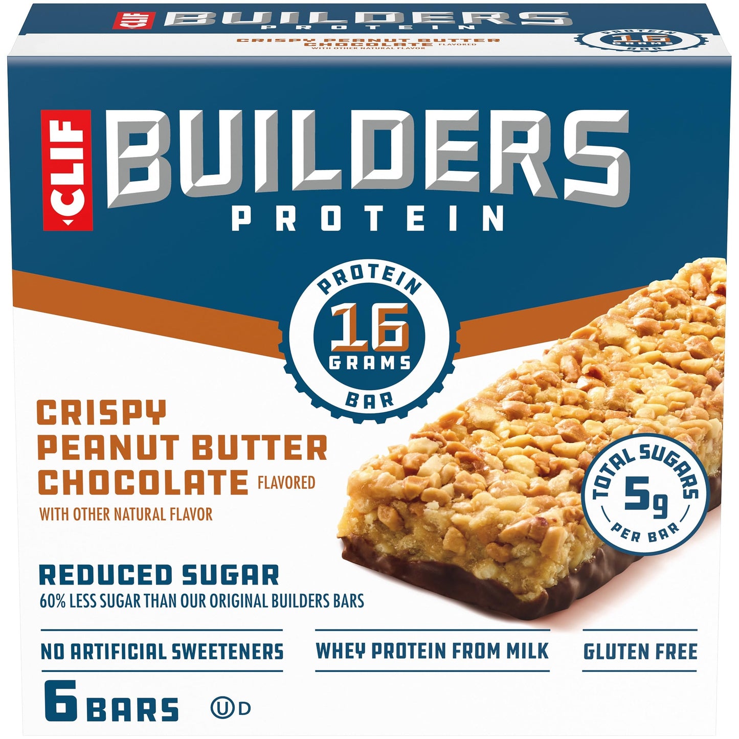 Clif Builders Protein Bars - Crispy Peanut Butter Chocolate - Reduced Sugar - Gluten Free - 16g Protein - 1.97 oz (6 Pack)
