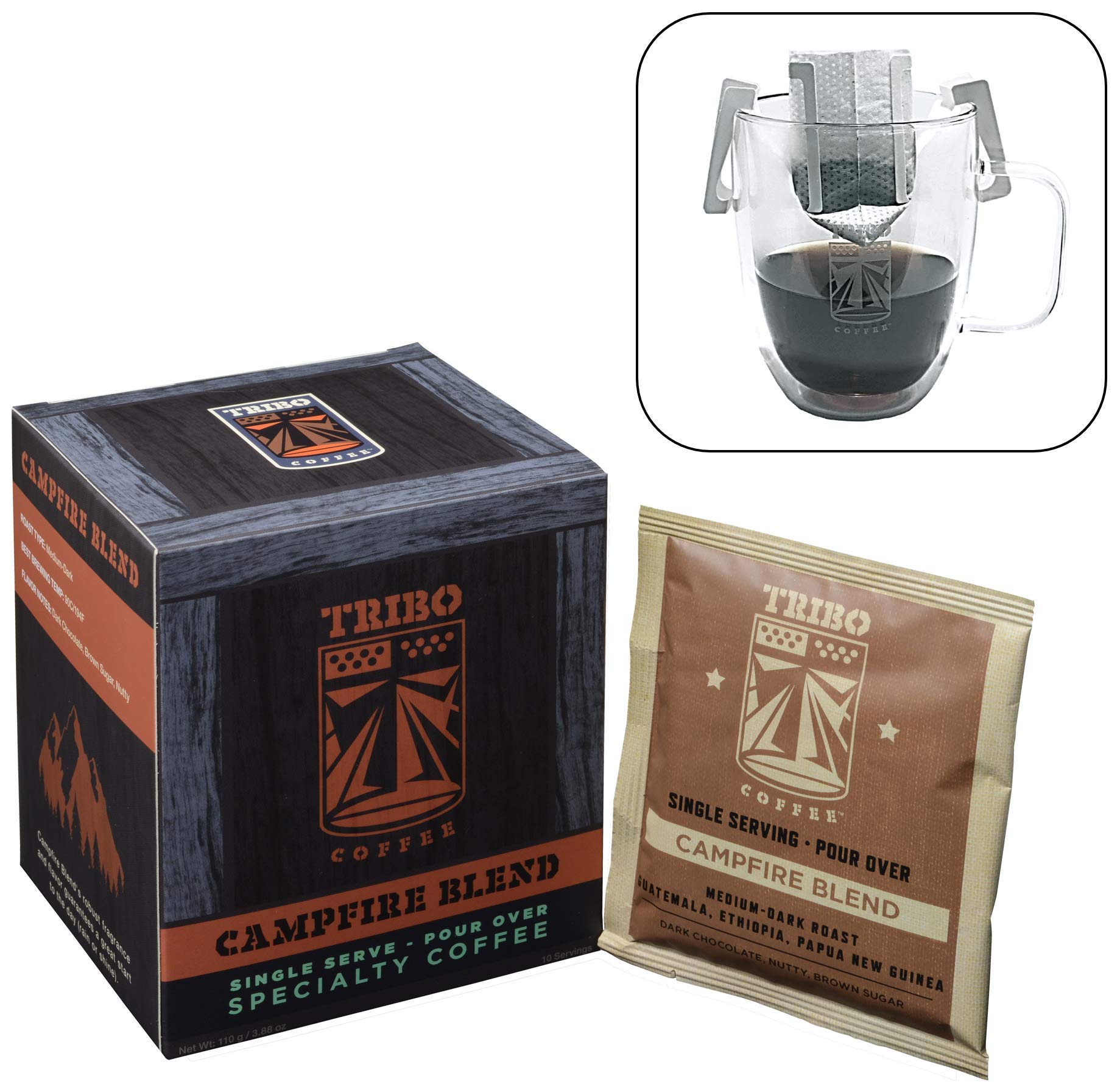 Tribo Coffee Single-Serve Portable Pour Over Drip Coffee - Campfire Blend - 10 Servings (Medium-Dark Roast)