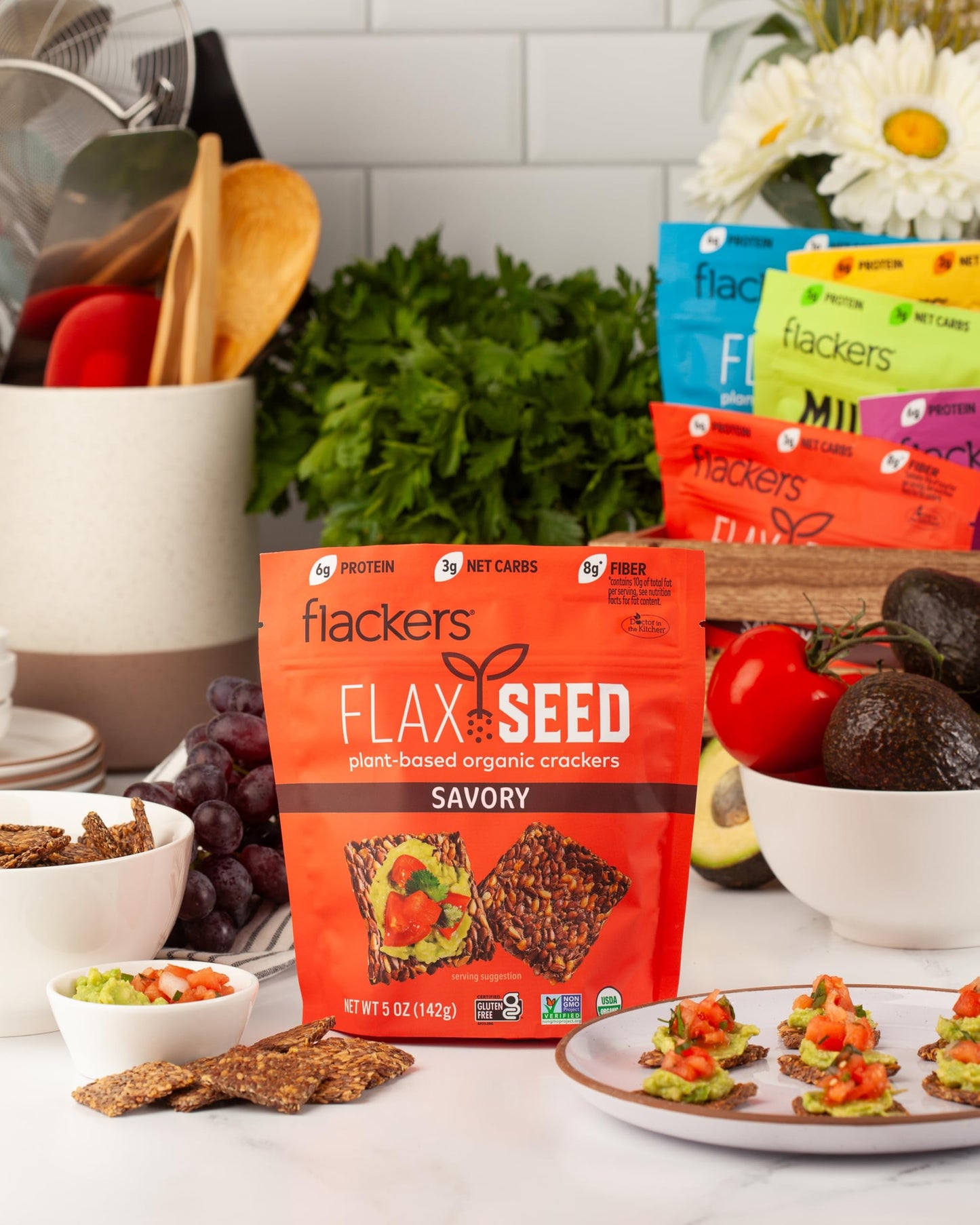 Flackers Organic Savory Flaxseed Crackers, Gluten Free, Non Gmo, Vegan, Keto Snack, 8G Fiber, 3G Net Carbs, 5 Ounce 1-Pack