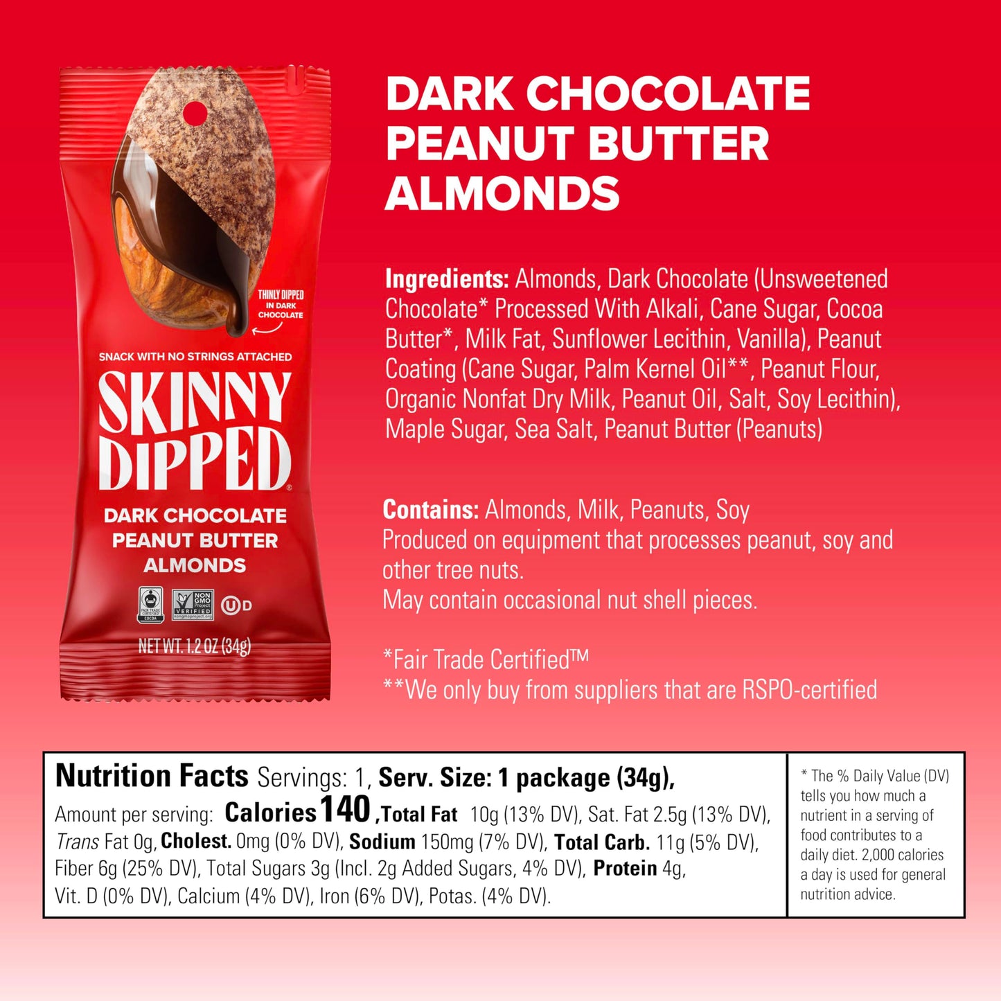 SkinnyDipped Dark Chocolate Peanut Butter Almonds, Chocolate Covered Almonds, Low Sugar, Gluten Free, Healthy Snack, 1.2 Ounce B