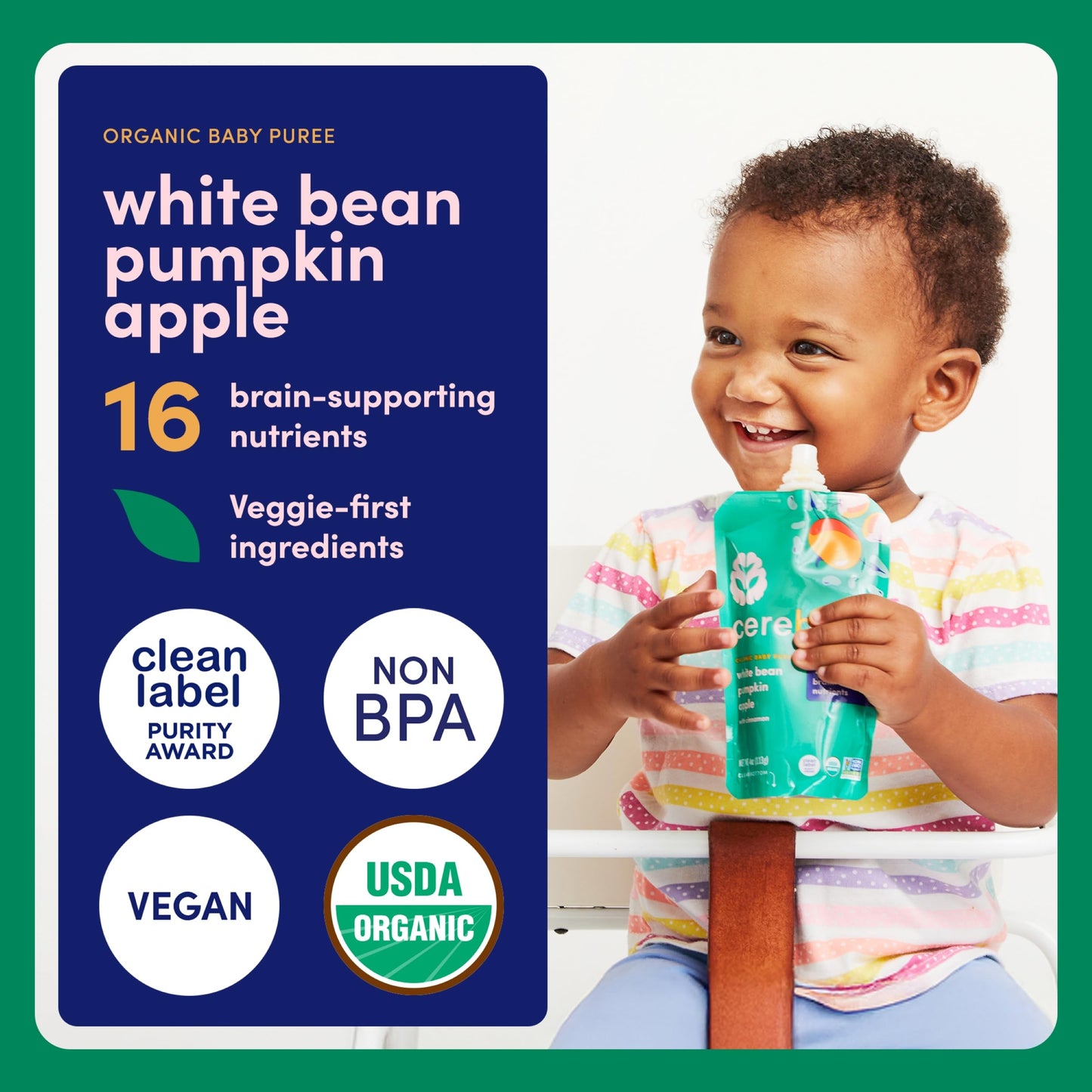 Cerebelly Organic Baby Food Pouches, White Bean Pumpkin Apple Purees, 16 Nutrients, No Added Sugar, Fiber & Non-Gmo, 4Oz, 6 Pack