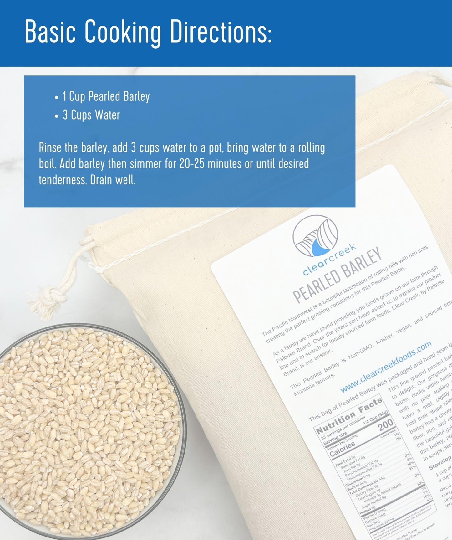 CLEAR CREEK Certified Glyphosate Residue Free Pearl Barley | 36 lb | Non-GMO | Kosher | Vegan | Non-Irradiated