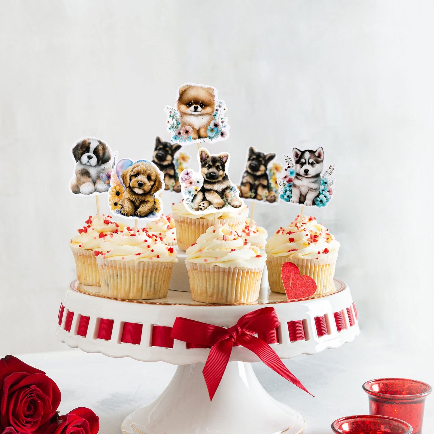 Gyufise Dog Cupcake Toppers - 36Pcs Cartoon Puppy Picks for Pet Theme Baby Shower & Birthday Parties, Paper, Dog Color
