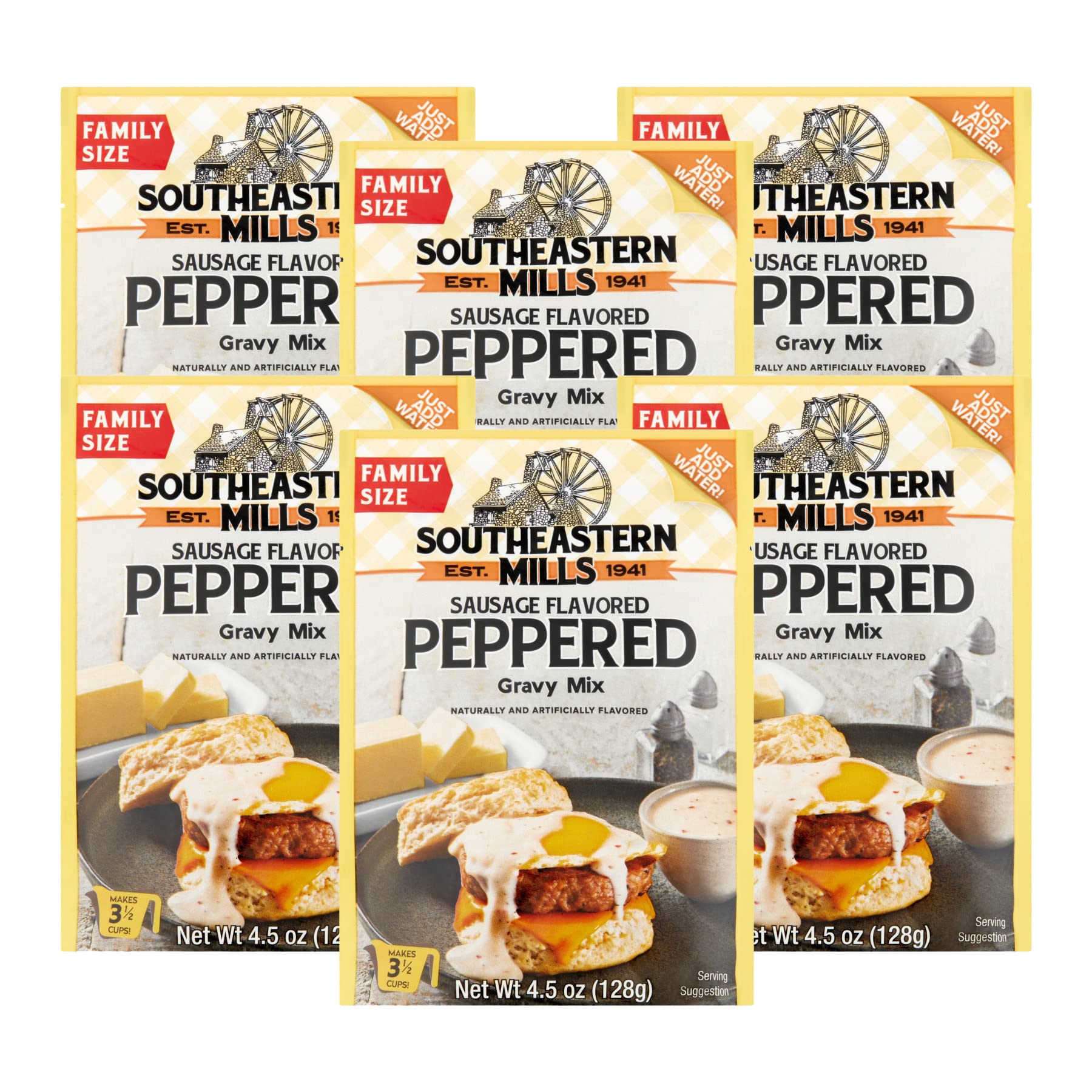Southeastern Mills Gravy Mix, Sausage Flavored Peppered Gravy Mix, Just Add Water, Family Size, 4.5-Ounce Packet (Pack of 6 Pack
