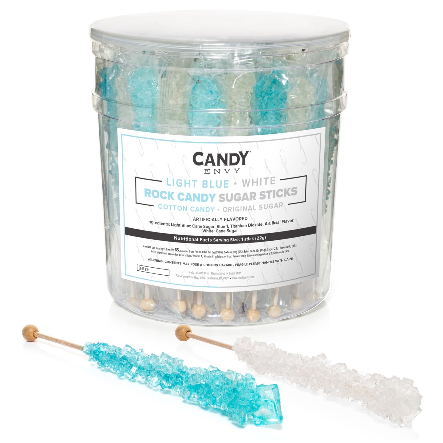 Candy Envy Rock Candy Sugar Sticks - 36 Individually Wrapped Treats - Cotton Candy & Original Flavors - Light Blue & White