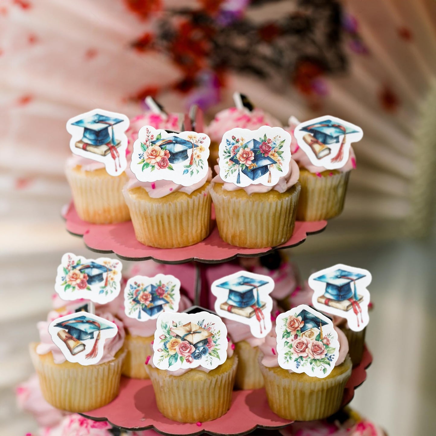 Ephlyn 54Pcs Edible 2025 Graduation Cupcake Toppers Wafer Paper Flower Grad Cap Cupcake Picks Diploma Done Congrats Grad Cake De