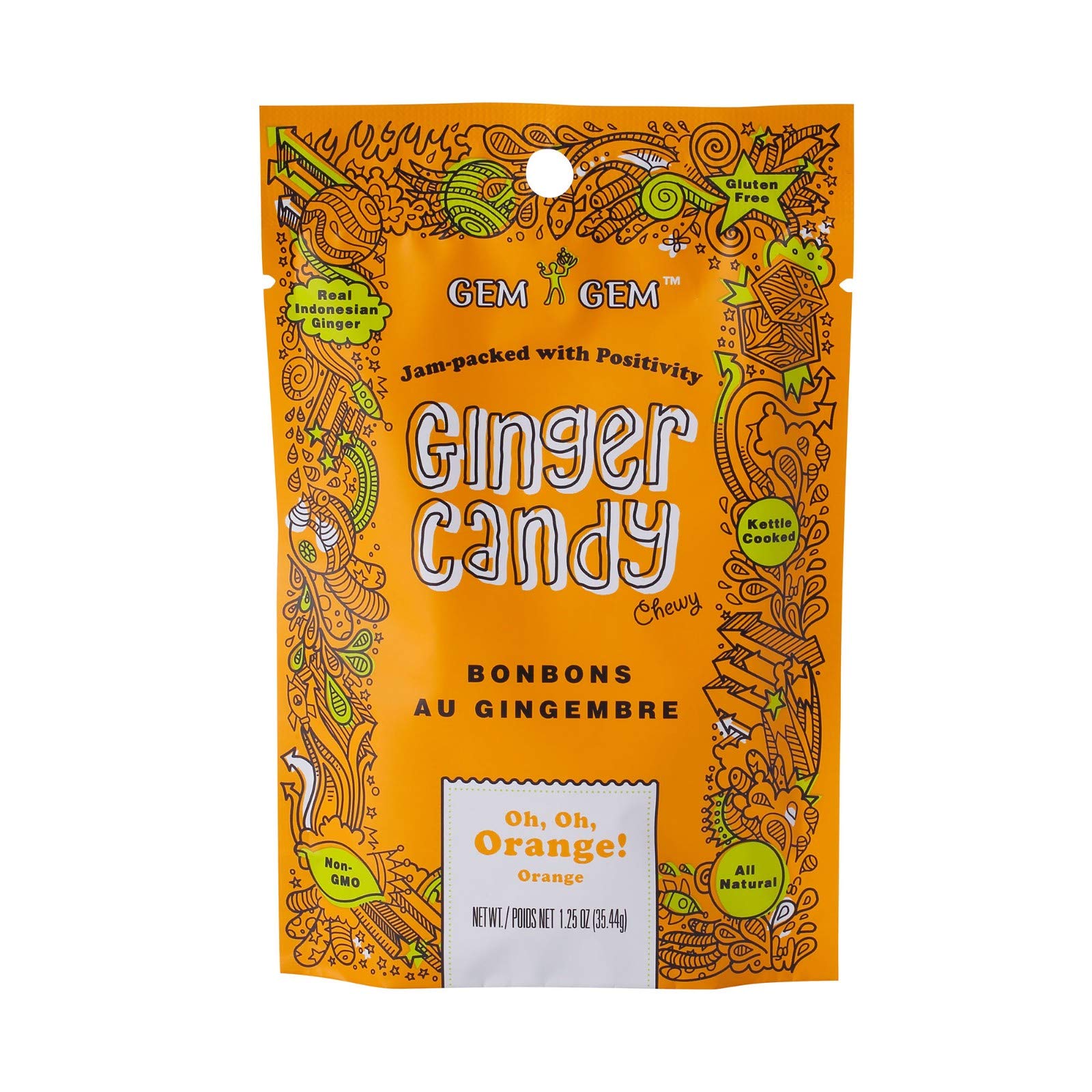 Gem Gem Ginger Candy Chewy Ginger Chews (Orange, 1.25Oz Tasting Samples)