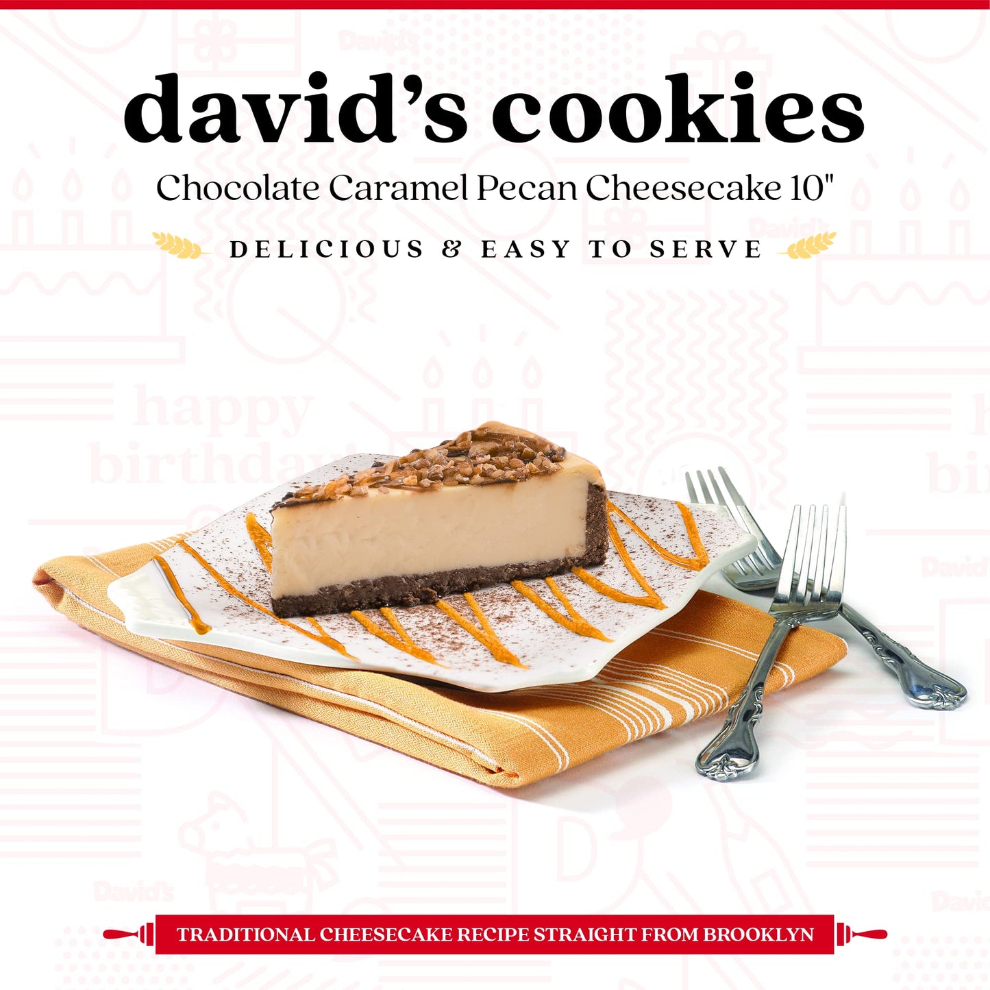 Davids COOKIES Chocolate Caramel Pecan Cheesecake, 10 Pre-sliced, 14 pcs, Creamy Dessert, Great Gift Idea