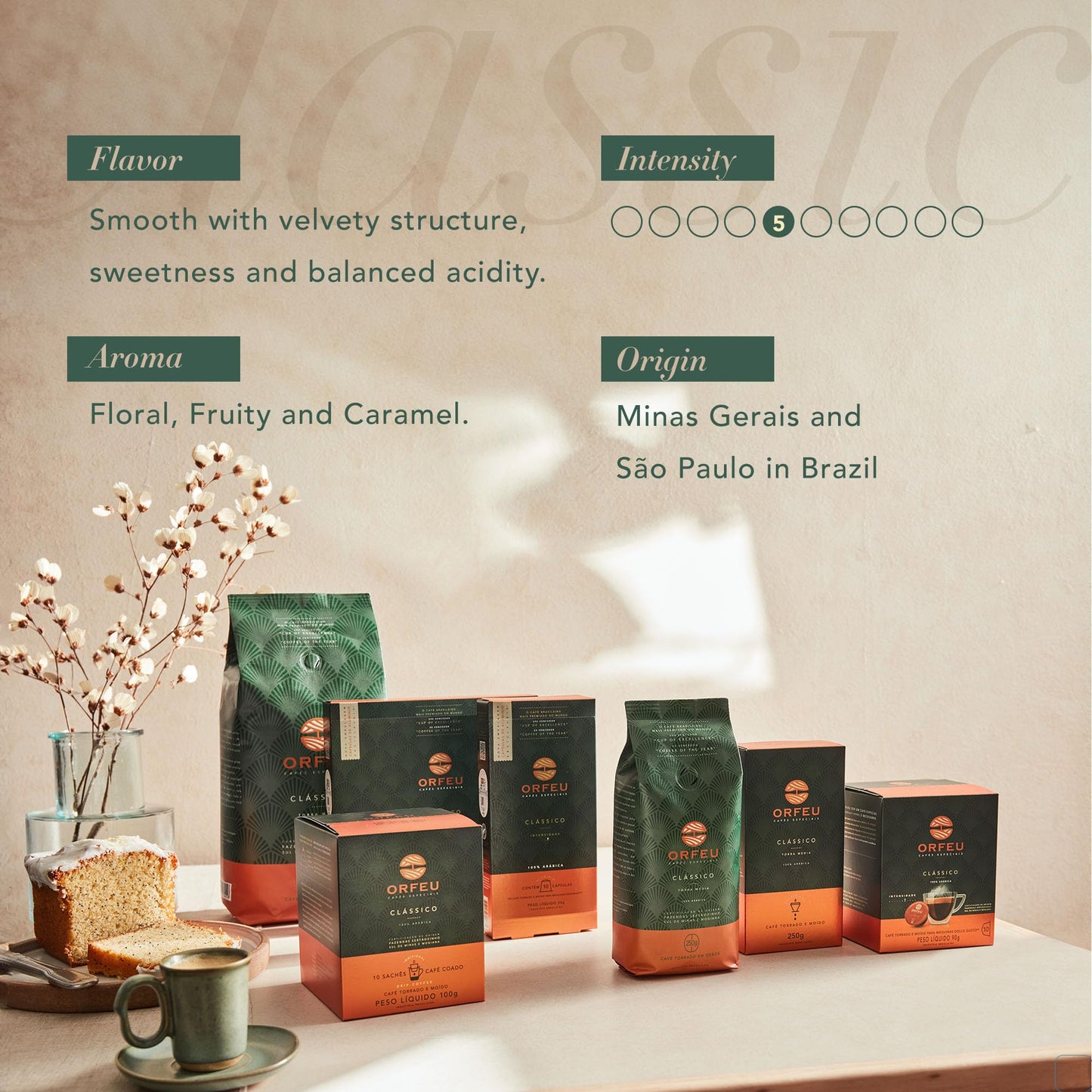 CAFÉ ORFEU Special Coffee Classic Roasted Beans, 100% Arabica, Medium Roasted, 250g (8.8oz), Floral & Fruity Aroma, Made in Brazil