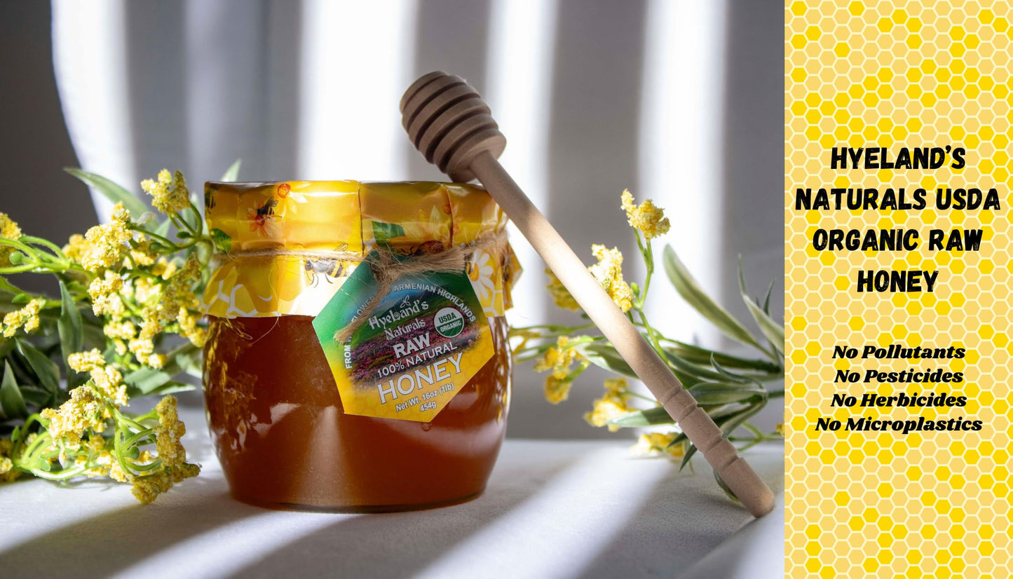 16oz- Glass Jar HyeLands Naturals USDA Organic Raw Wildflower Honey from the highlands of Armenia- NO Pesticides, NO Preservati