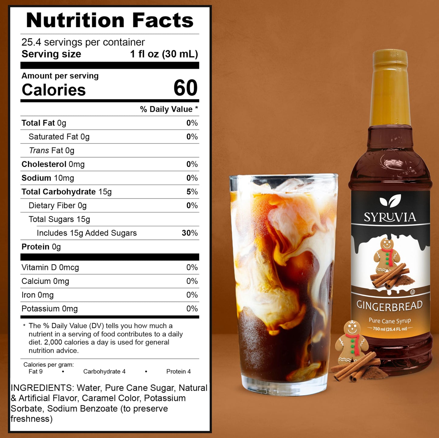 Syruvia Gingerbread Syrup - Gingerbread Coffee Syrup Flavor, 25.4 Fl Oz, Kosher, Gluten Free, Perfect For Coffee, Drinks, Soda,