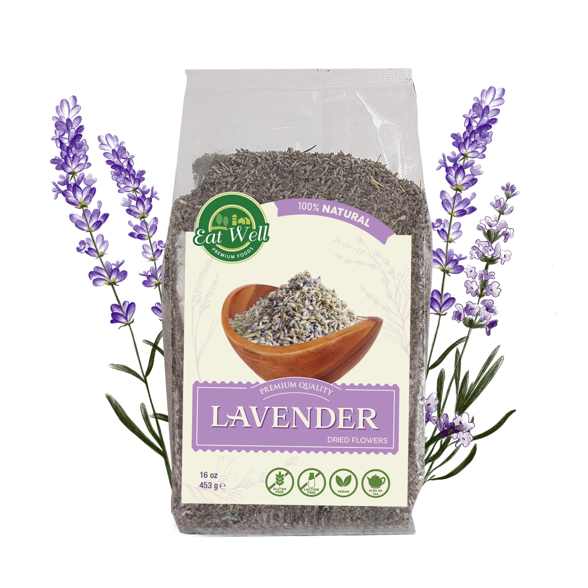 EAT WELL PREMIUM FOODS Dried Lavender Flowers, 16 oz Bulk Size, Edible Culinary Lavender for Baking, Cooking, and Home Fragrance