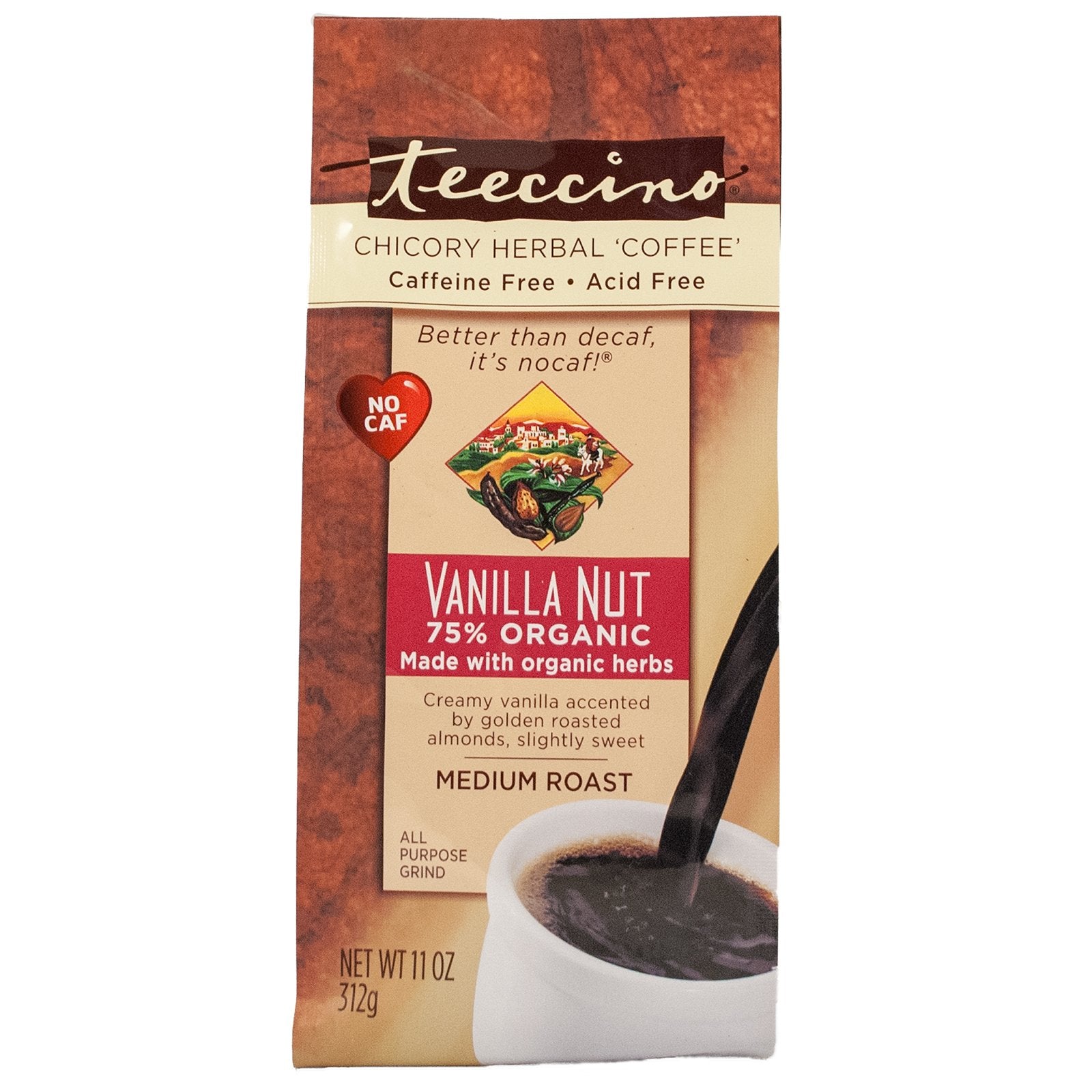 Teeccino Herbal Coffee, Mediterranean Vanilla Nut, Caffeine-Free, 11-Ounce Bags (Pack of 3)