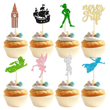 Gyufise 24 Pack Never Grow Up Cupcake Toppers Glitter Ship Neverland Elf Girl Cupcake Picks Night Fairy Tales P Pan Cupcake Deco