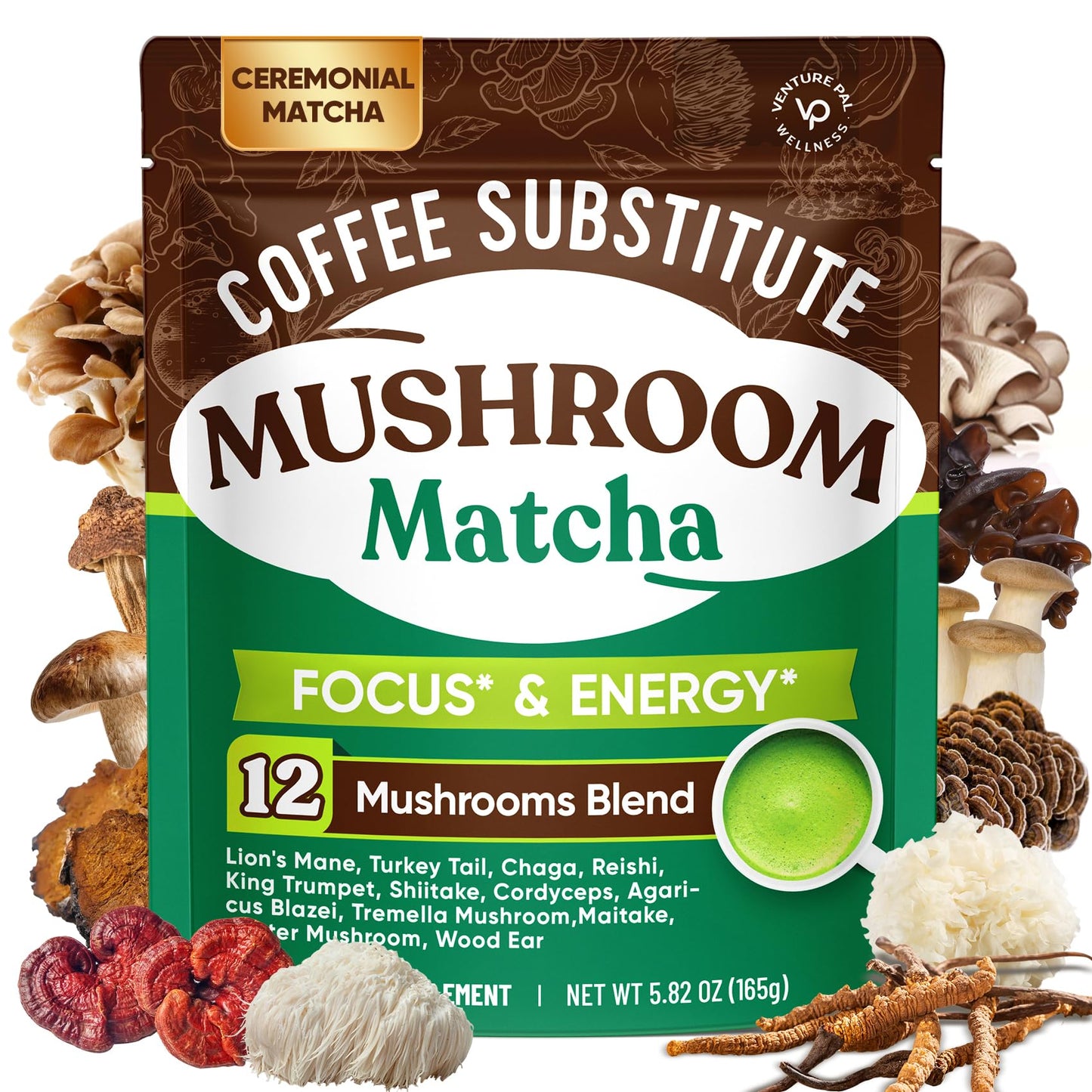 Venture Pal Ceremonial Grade Matcha Powder - 12 Superfoods with Probiotics & Adaptogenic Mushrooms (Lions Mane, Reishi, Spirulin
