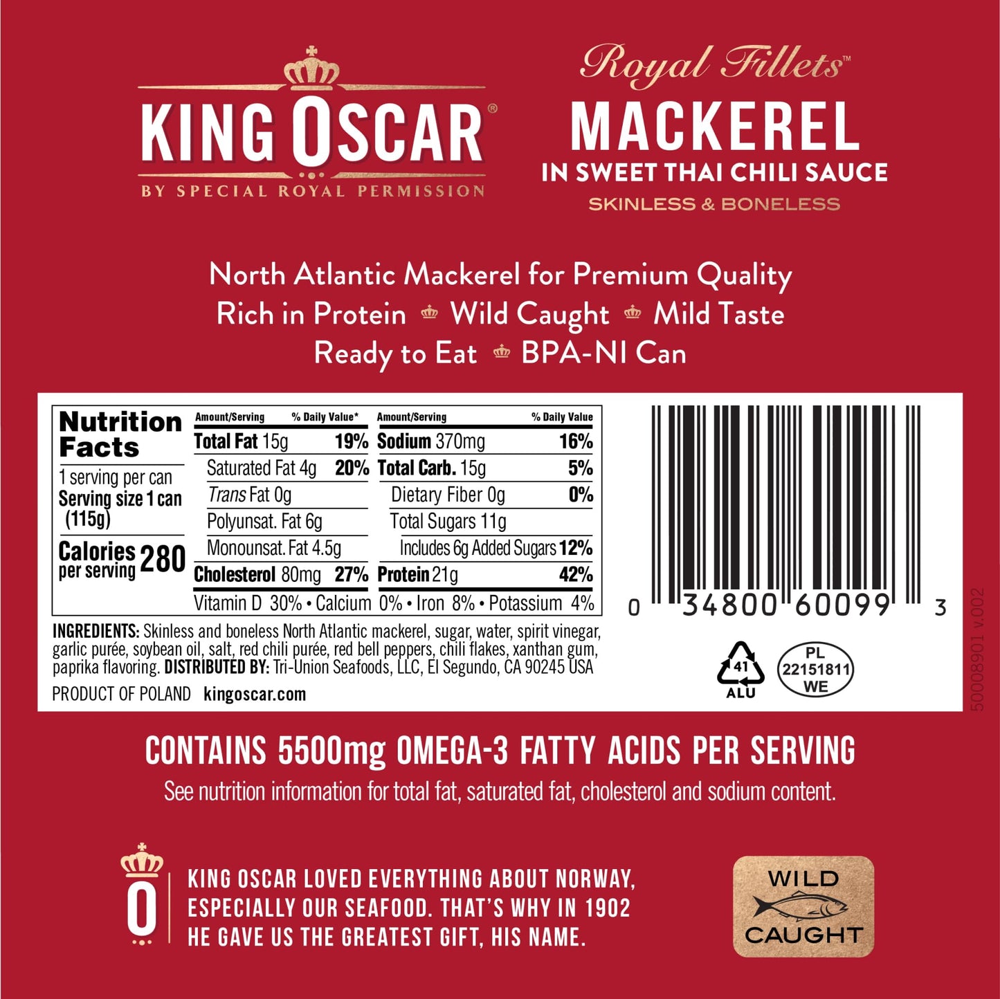 King Oscar Mackerel in Sweet Thai Chili Sauce  4.05 Ounce Can (Pack of 12)  Skinless & Boneless  Wild Caught Canned Mackerel