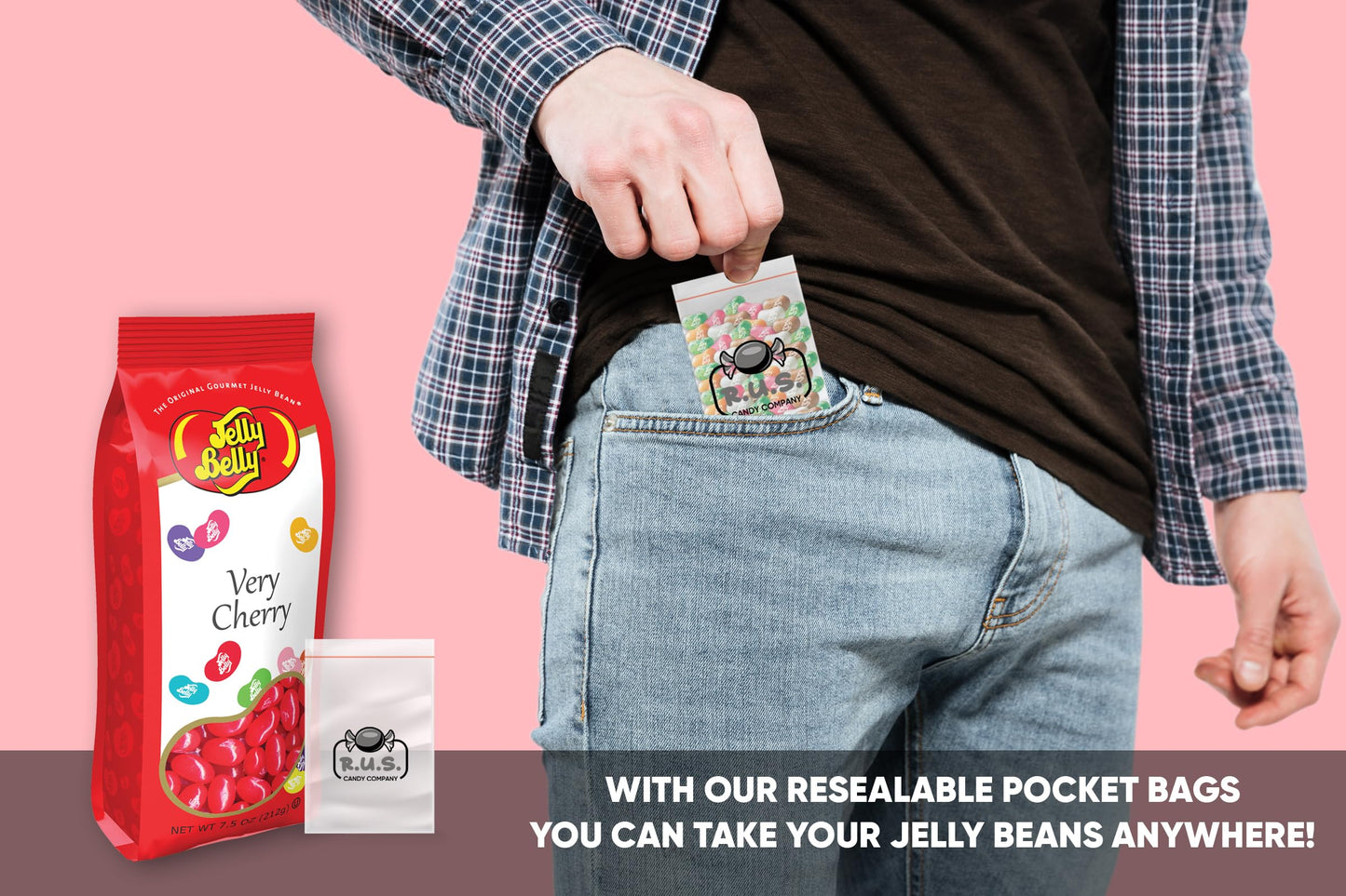 Jelly Belly Bundle- Very Cherry Jelly Beans - 7.5 Oz Gift Bag- Includes Rus Candy Company Travel Size Pocket Bag (Very Cherry)