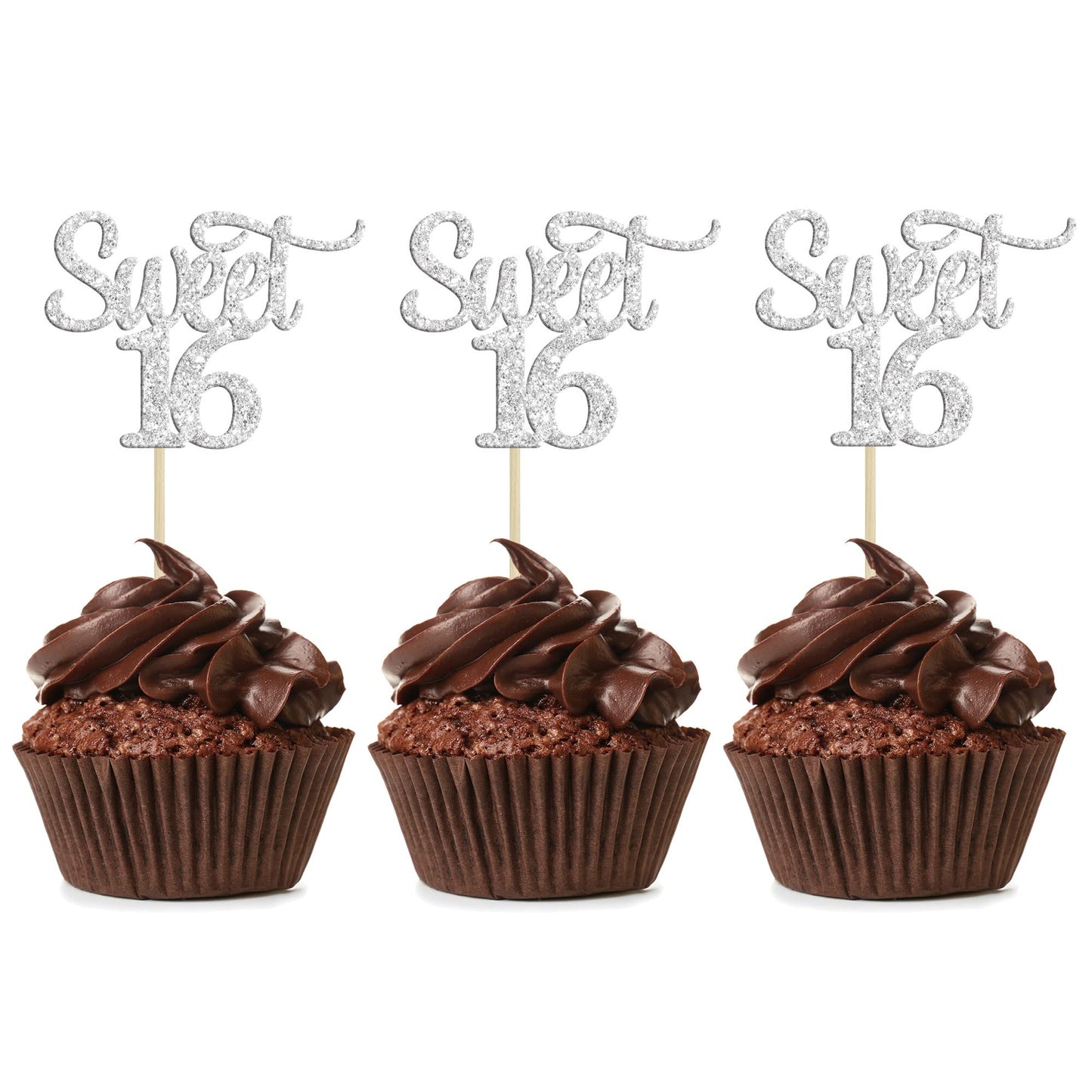 Gyufise 24Pcs Sweet 16 Cupcake Toppers Silver Glitter Sixteen 16Th Birthday Cupcake Picks Age 16 16Th Birthday Anniversary Party