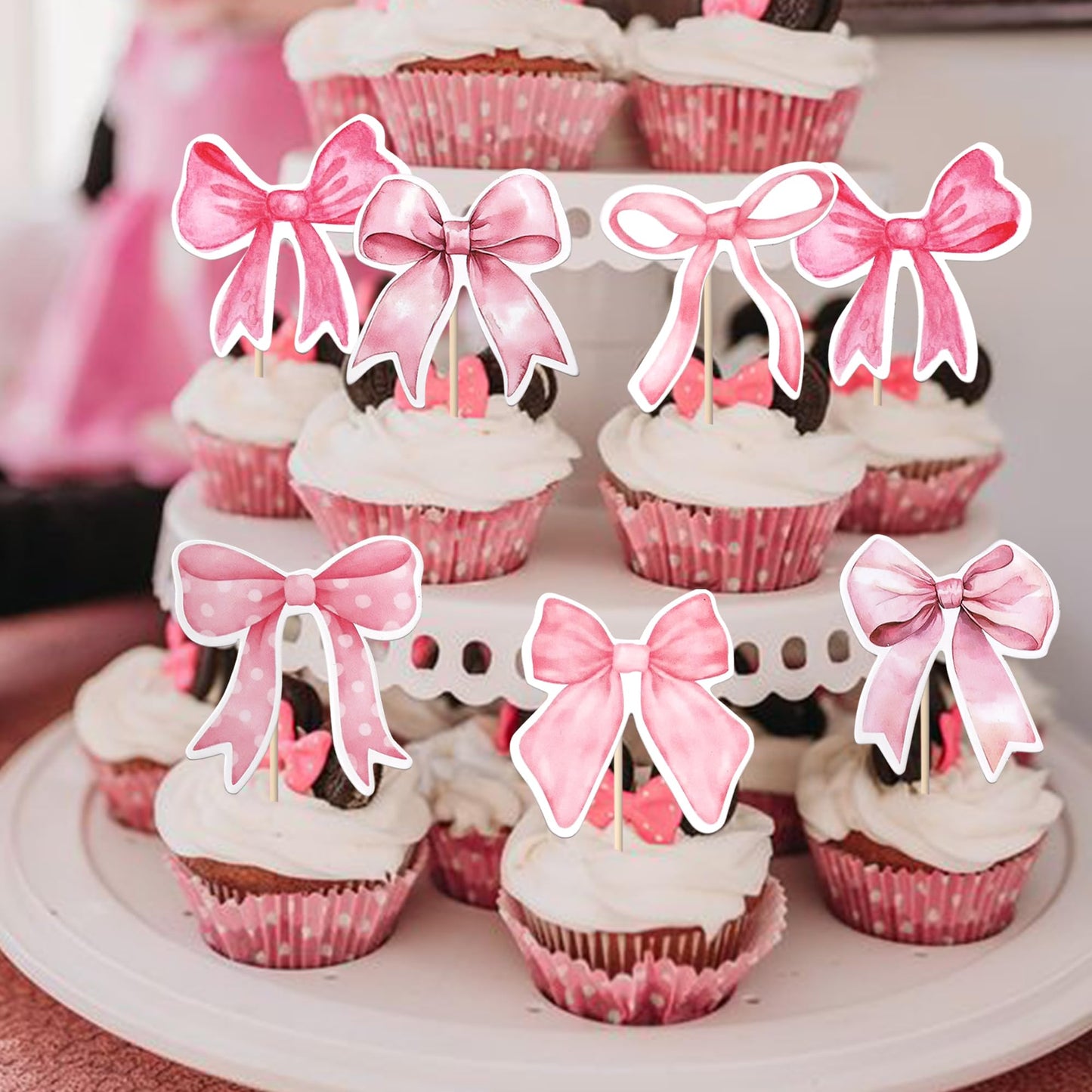 YCTHUNFISH Pink Bow Cupcake Toppers - 36 Pack Paper Picks for Wedding, Bridal Shower, Birthday Party Decorations