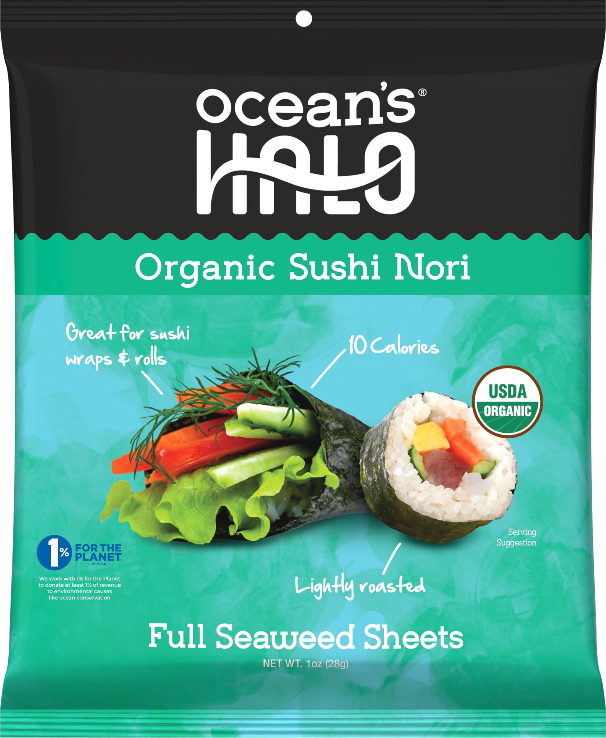 Oceans Halo Organic Sushi Nori Full Seaweed Sheets, Rich in Minerals Like Iodine, Vegan Friendly, USDA Certified Organic, Glute