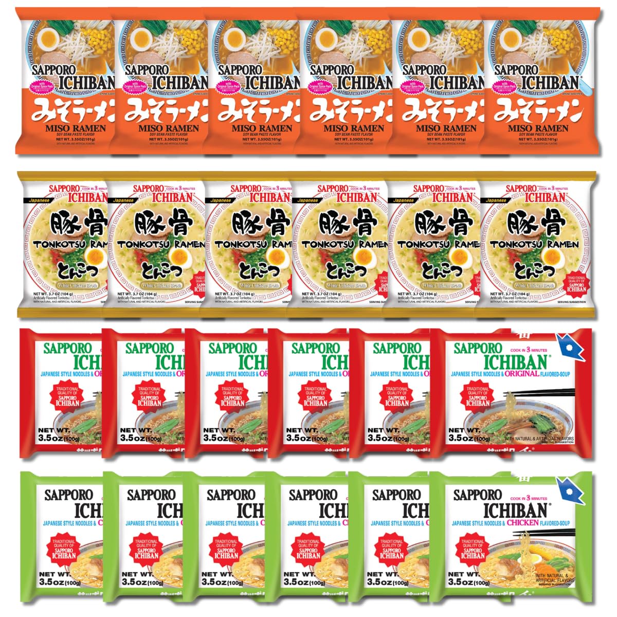 Japanese Sapporo Style Ramen Noodle Variety Pack, 24 Count Instant Soup Sampler With Original, Chicken, Tonkotsu, and Miso Flavo