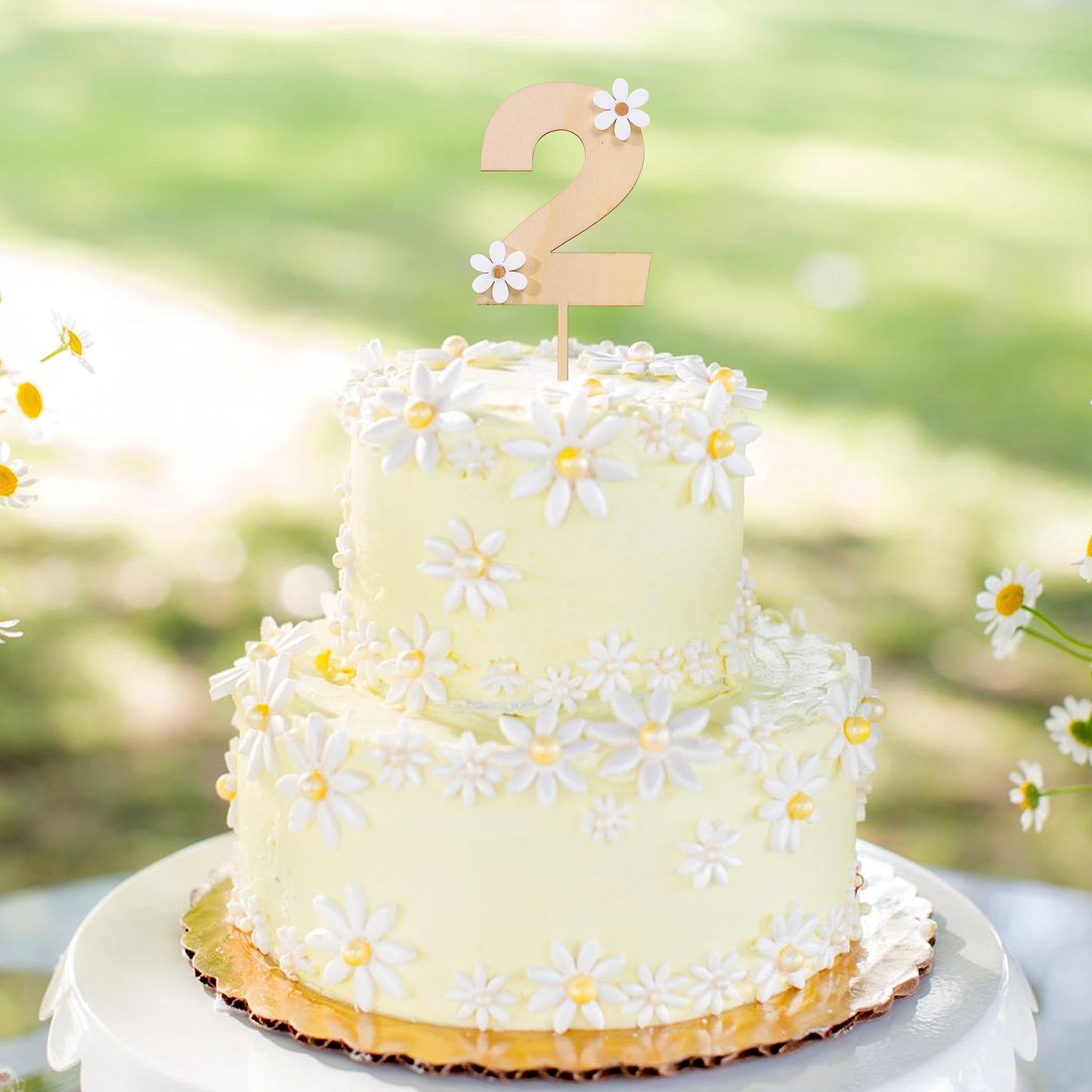 MAMUXI Wooden Daisy Cake Topper - 2nd Birthday Party Decor, Retro Boho Design, Light Cream