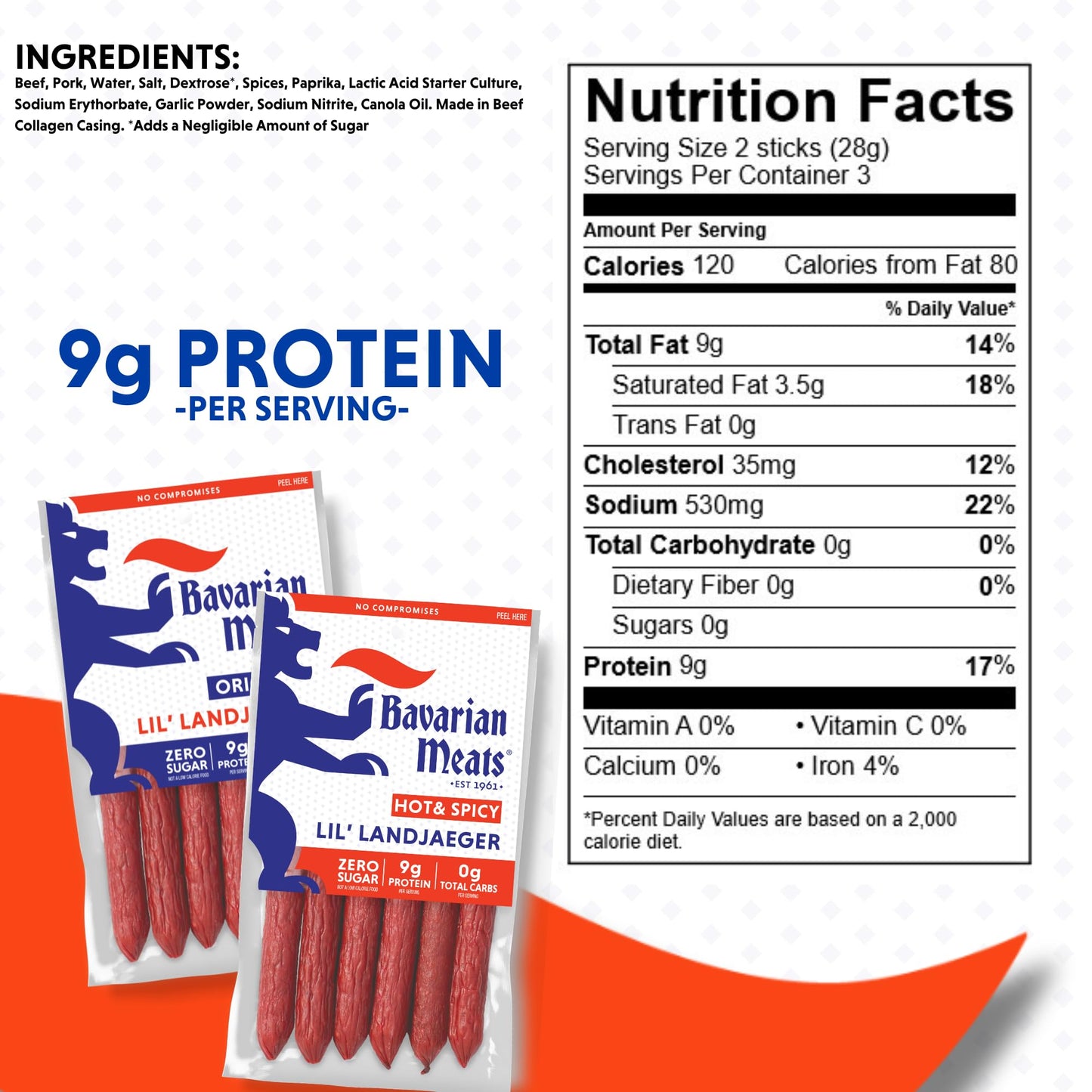 Bavarian Meats Lil Landjaeger Meat Sticks, Smoked Sausage, Gluten Free, Keto Friendly, 3 Ounce (Pack of 6)