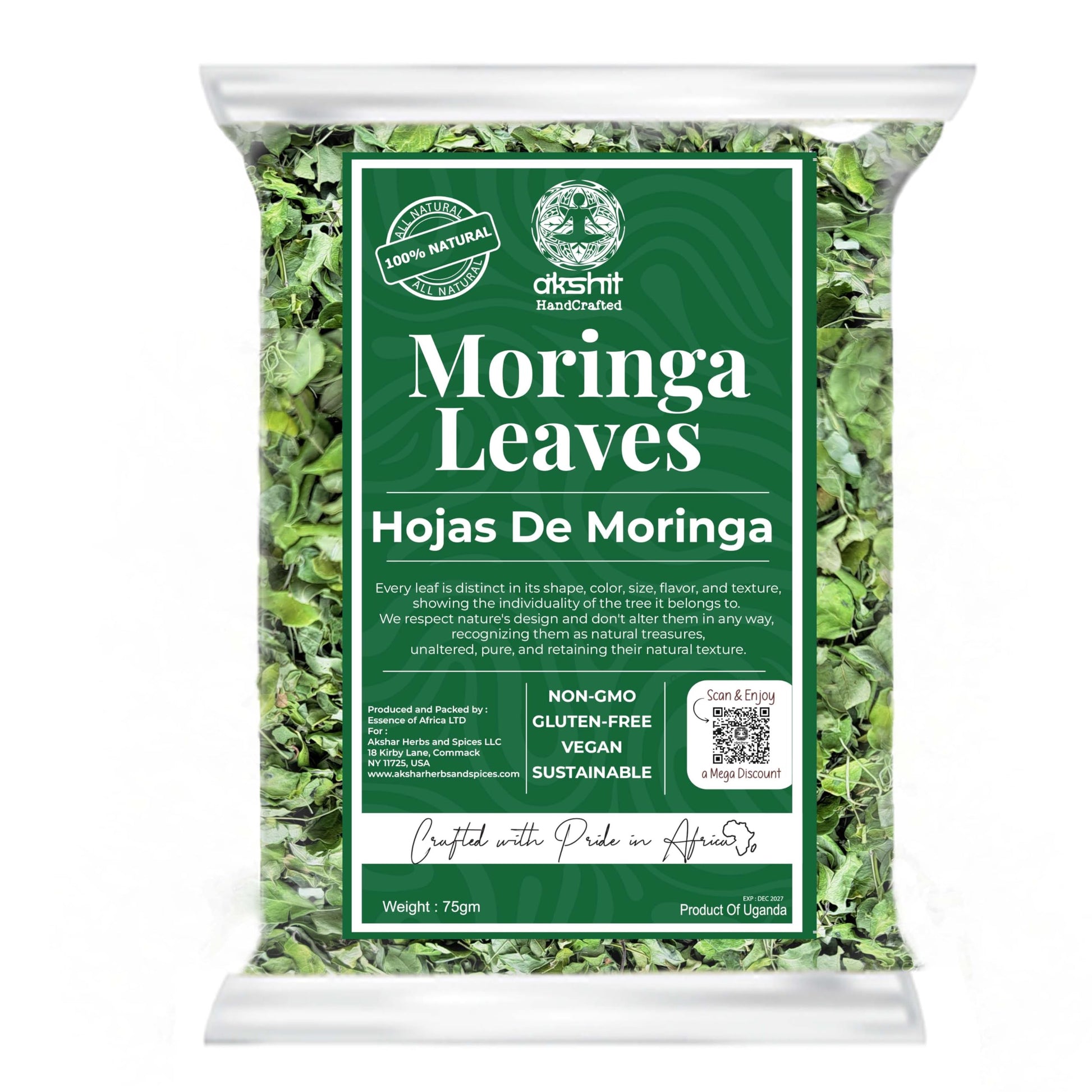 Akshit Moringa Leaves, Dried Loose Leaf Tea, Non-GMO, 2.6 oz