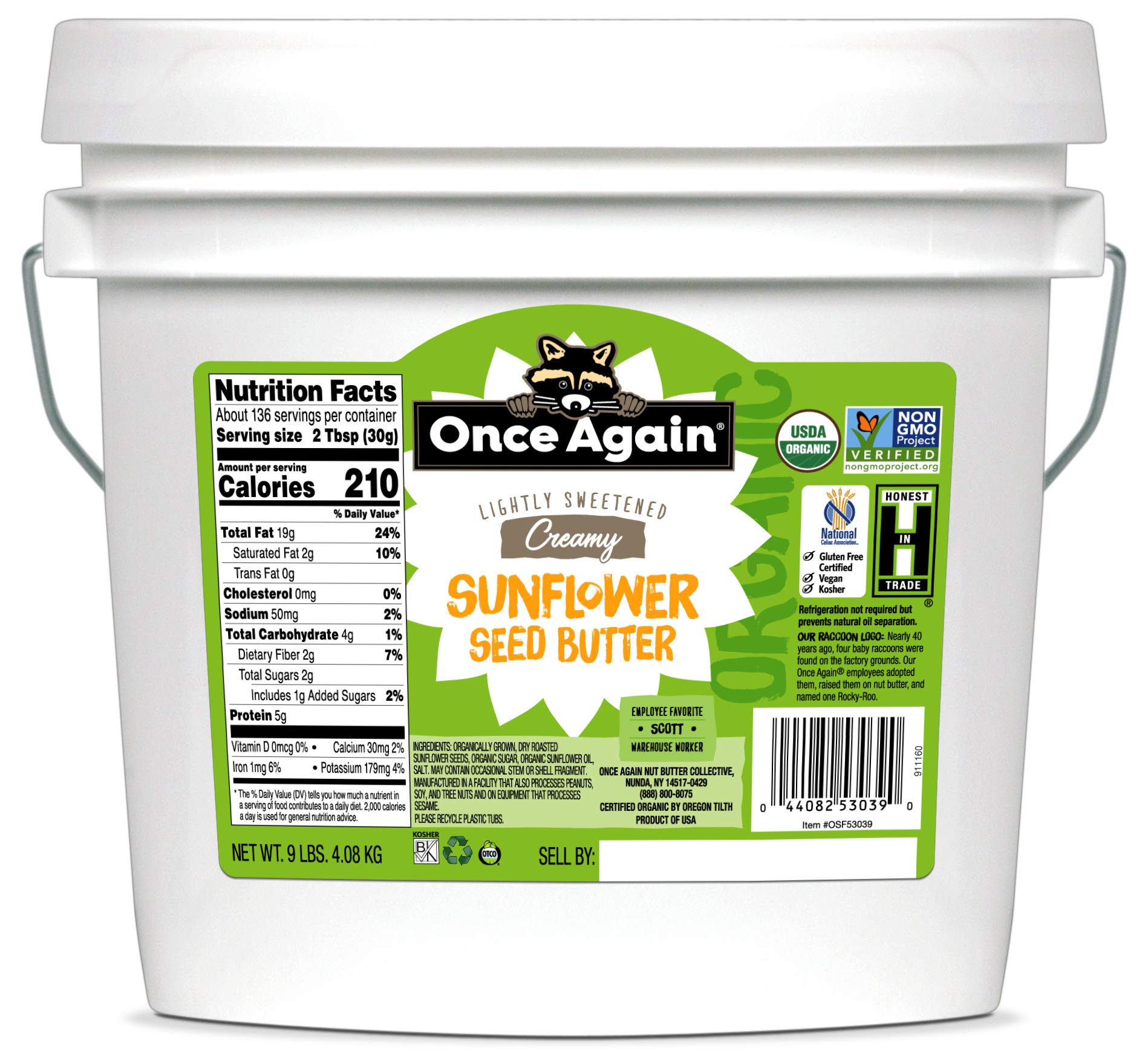 Once Again Organic Creamy Sunflower Butter, 9lb Bucket (same as 9 jars) - Lightly Salted & Sweetened - Peanut Free, USDA Organic