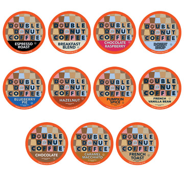 Double Donut Coffee Variety Pack Assorted Medium Roast, Dark Roast & Flavored Coffee In Recyclable Single Serve Cup, 80 Count