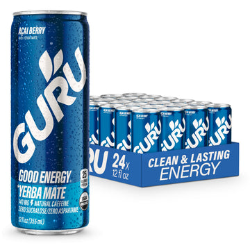 GURU Yerba Mate Organic Energy Drink, Low Calorie, 140mg Caffeine, Acai Berry, 12oz (Pack of 24)
