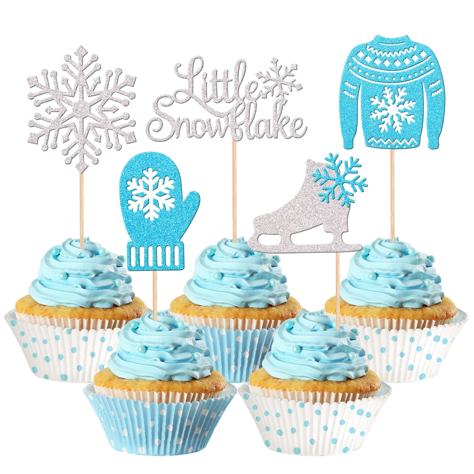 30 PCS Snowflake Cupcake Toppers Glitter Skate Shoe Gloves Sweater Cupcake Picks for Snowflake Theme Winter Wonderland Baby Show