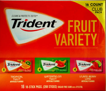 Trident Fruit Variety Pack Sugar Free Gum, 14 Count, Pack Of 20