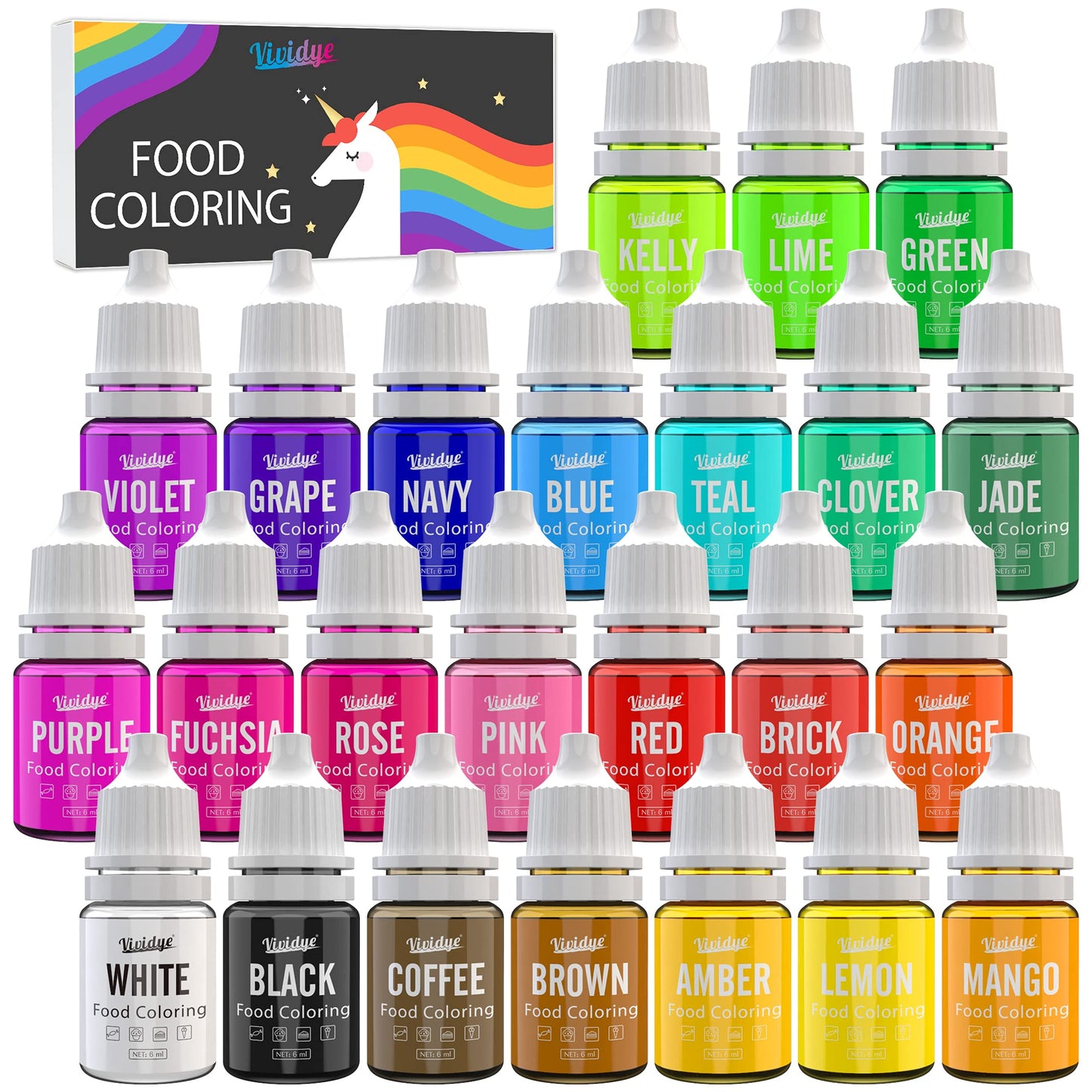 Vividye Food Coloring Set - 24 Colors - 0.25 Fl Oz Bottles for Baking and Crafts
