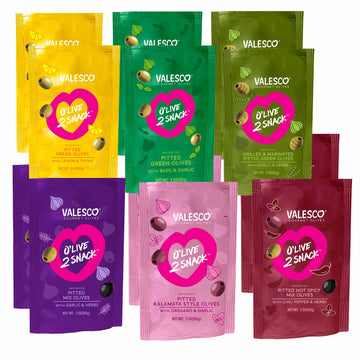 Valesco, O'Live 2 Snack Pitted Olives Variety Pack, 6 Flavors, 3 Oz (12 Pouches)