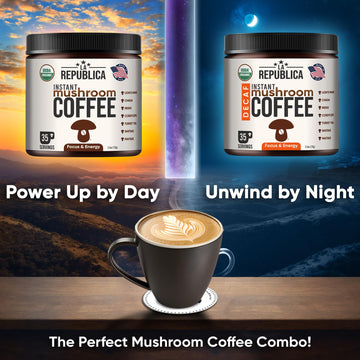 La Republica Organic Instant Mushroom Coffee (2.5Oz) + Decaf (2.5Oz) - 70 Servings With Coasters & Mixing Spoon - 100% Arabica W