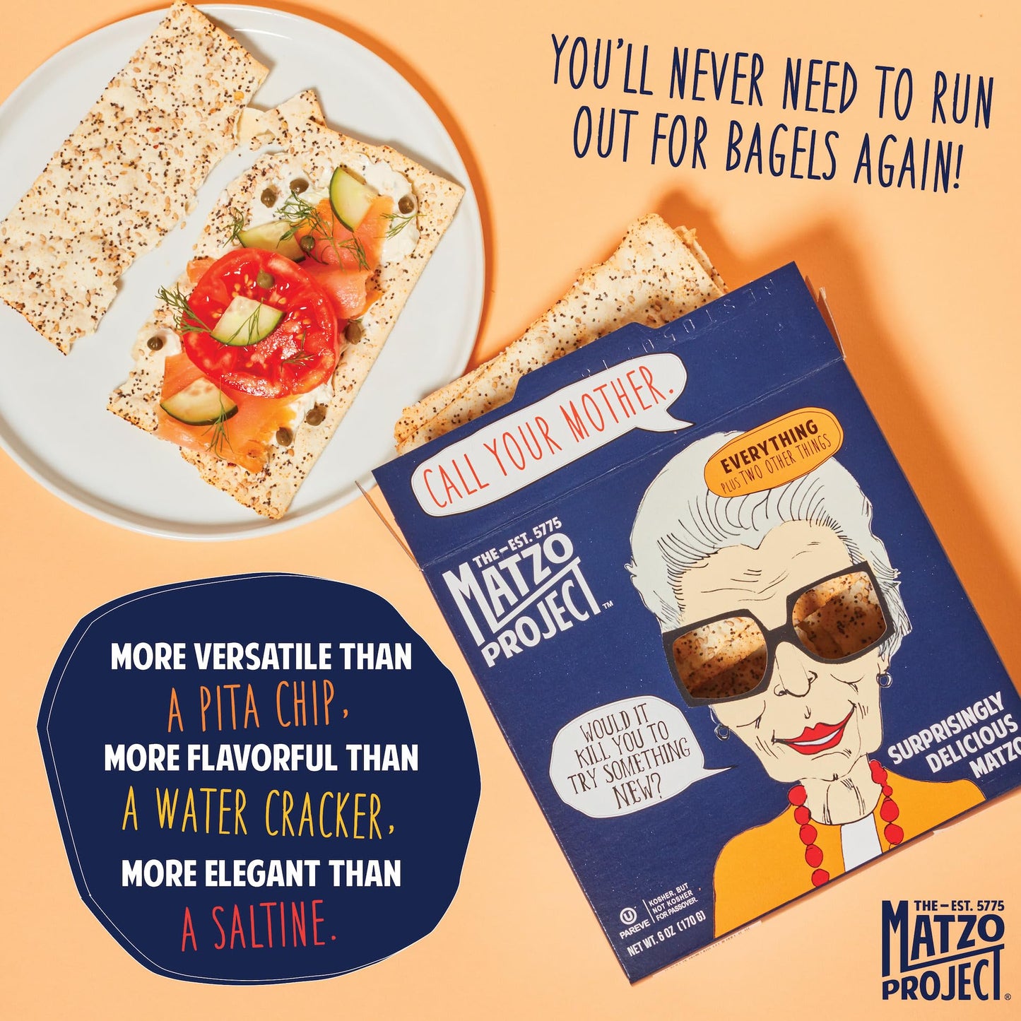 THE MATZO PROJECT Crispy Matzoh Flats, Everything & Salted, Vegan, Nut Free, 2-Pack, 6 oz Total
