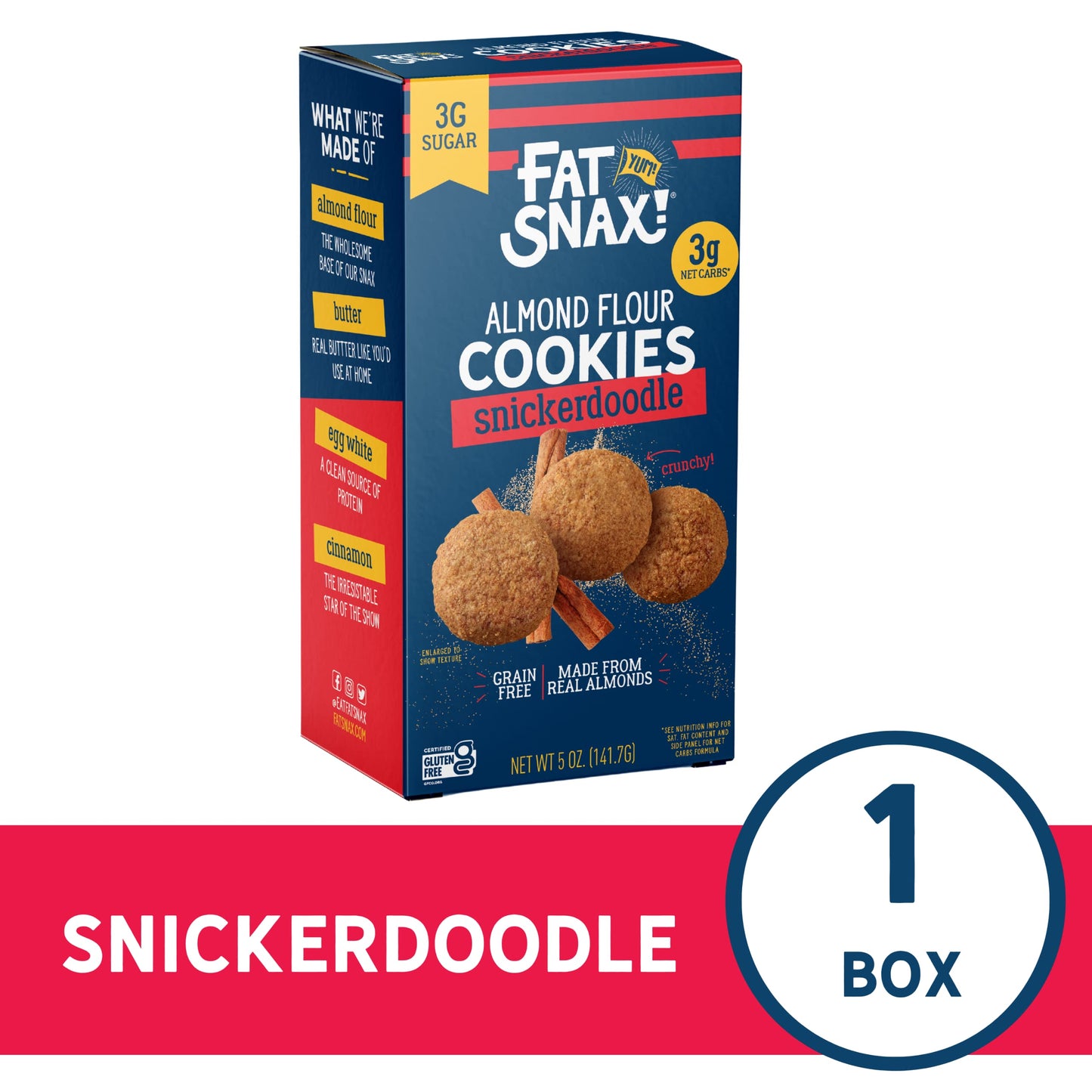 Fat Snax Low-Carb Crunchy Mini Keto Cookies, Snickerdoodle, 5 Ounce, Almond Flour Cookies, Certified Gluten-Free, Low Sugar Snac